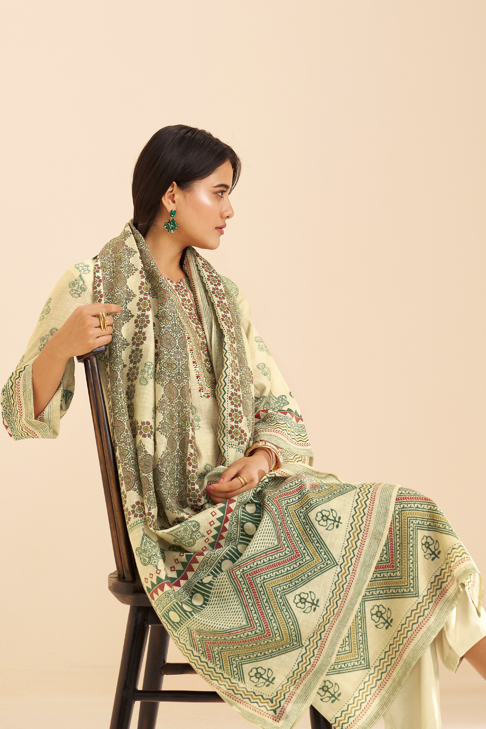 Pistachio Sage Shimmer linen Digital printed Kurta Set