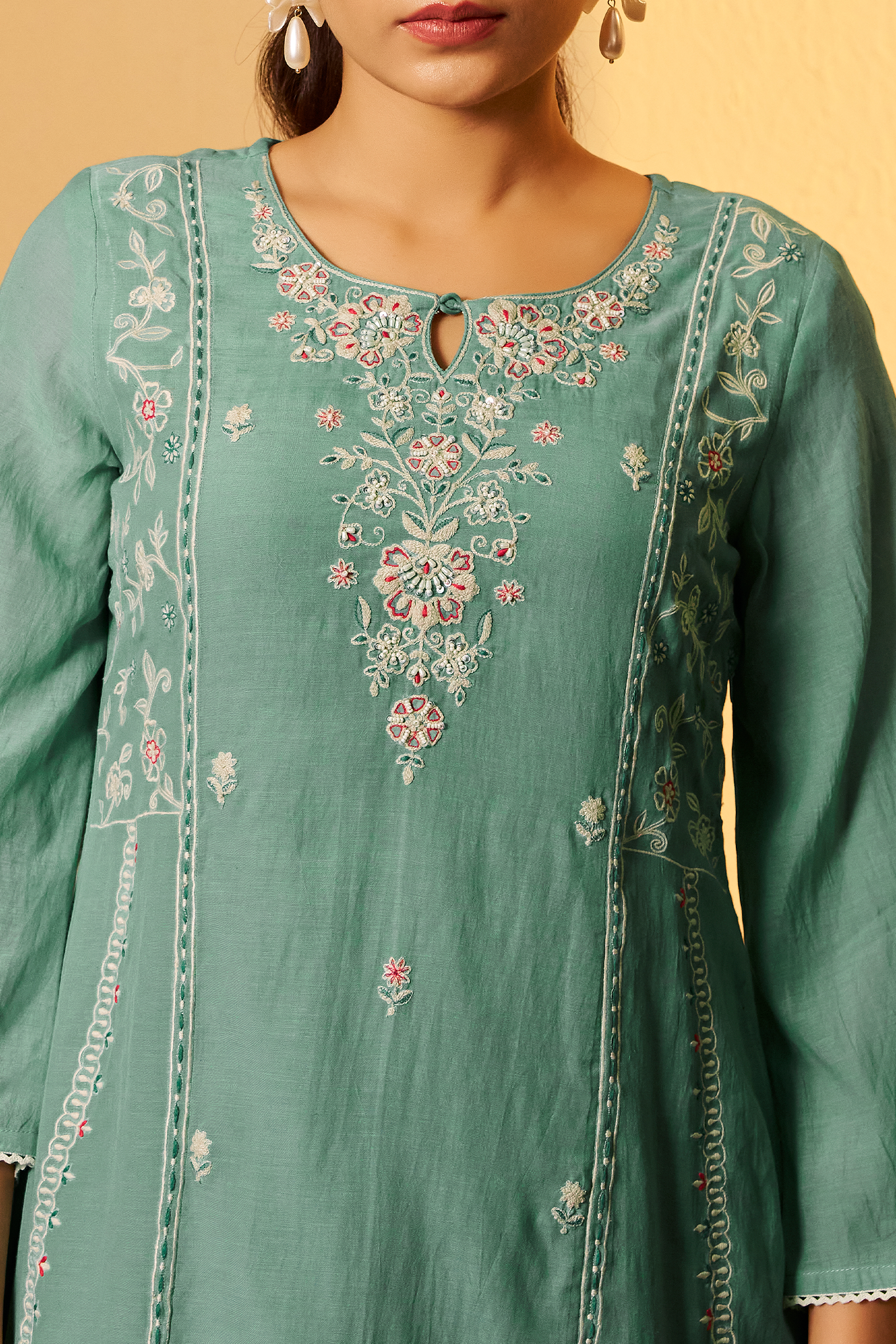 Ocean Mint Mul Chanderi Embroidered Kurta Set