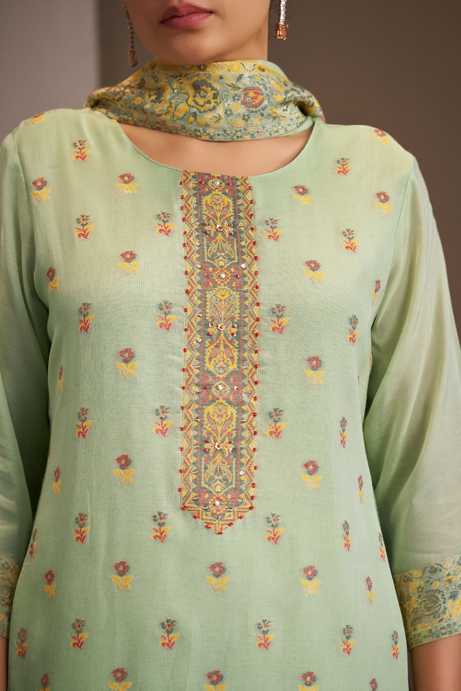 Soft Celadon Chanderi Multi-Meena Work Jacquard Kurta Set