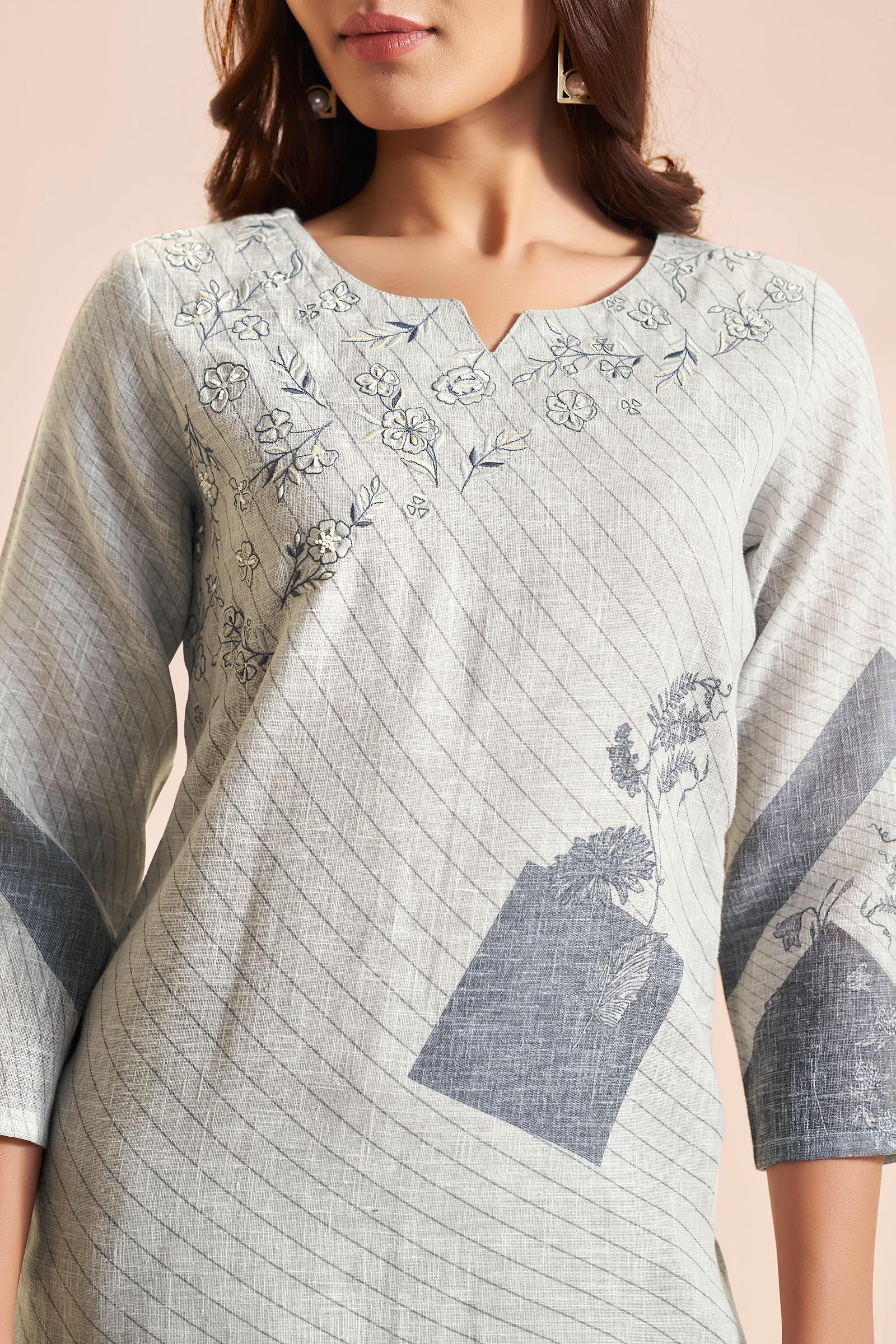 Silver Ash Linen Cotton Digital Printed Kurta Set