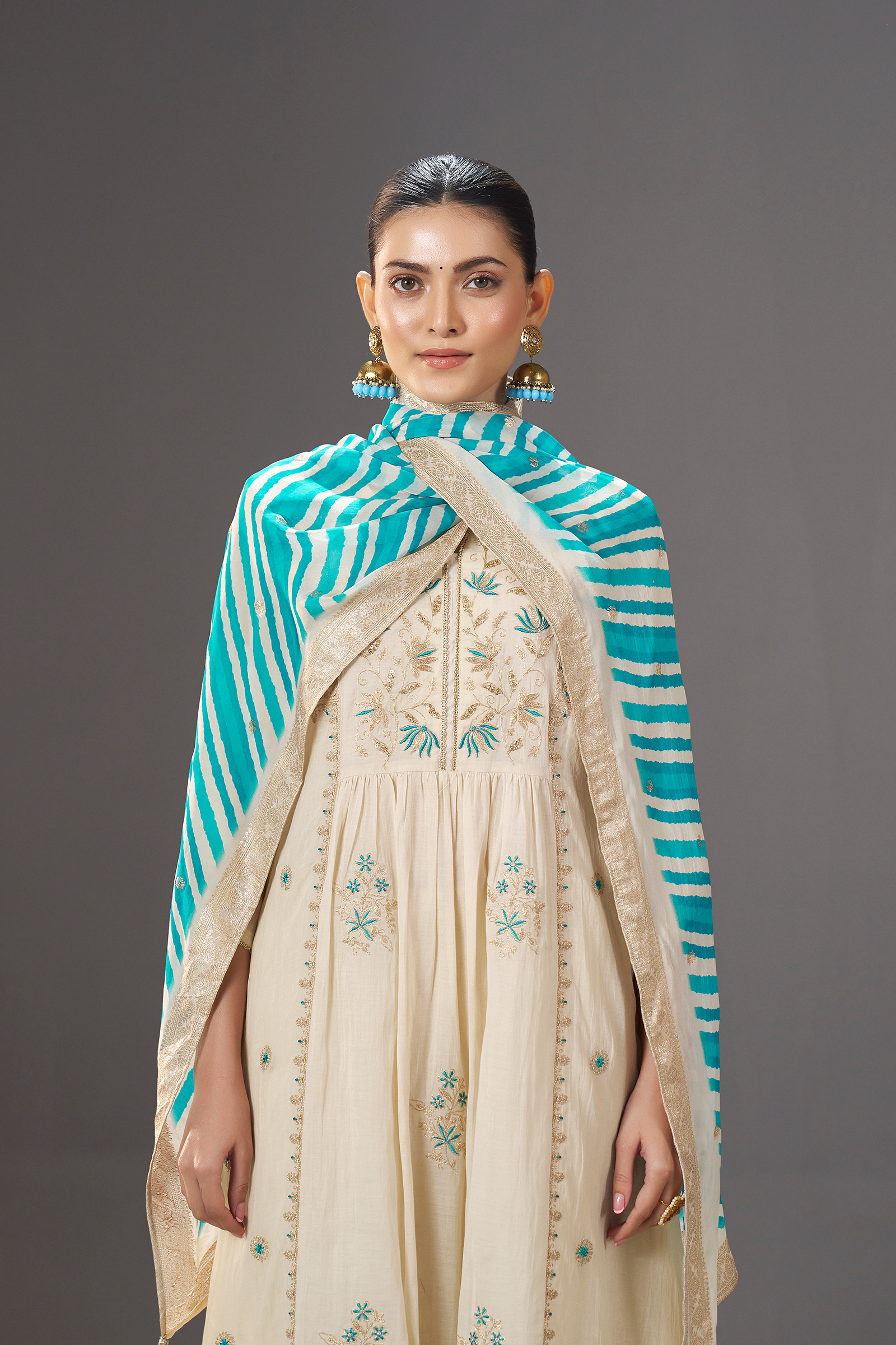Turquoise Pearl Embroidery Kurta Set with Leheriya Dupatta