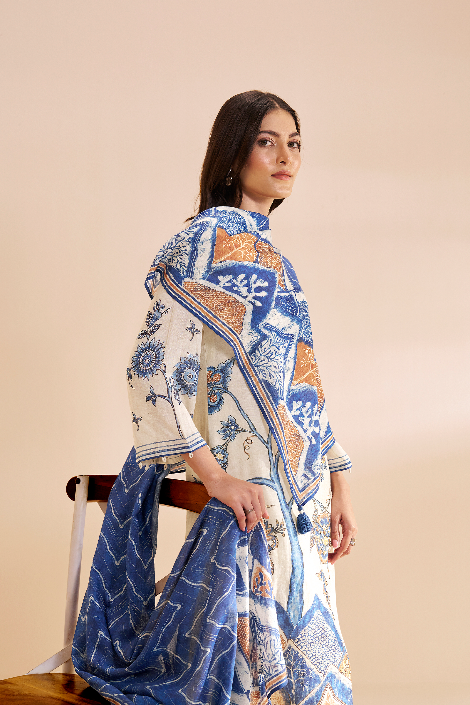 Ivory Azure Botanica Pure Chanderi Digital Printed Kurta Set