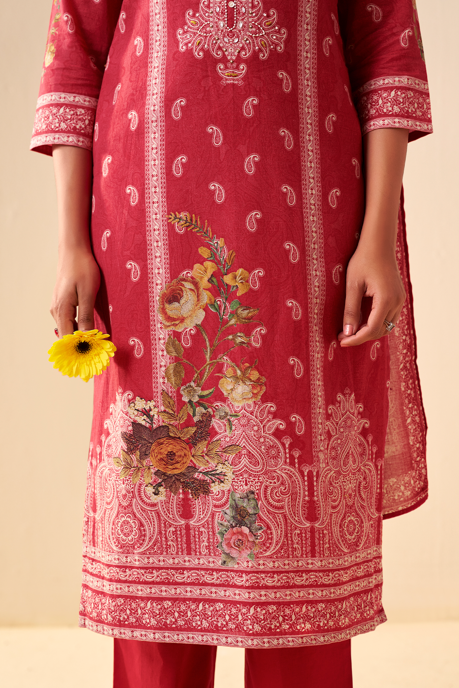 Carmine Floral Cotton Linen Digital Printed Kurta Set