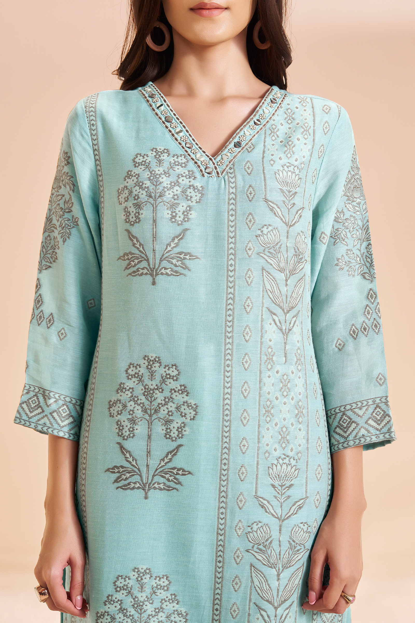 Powder Aqua Botanica Linen Jacquard Kurta set