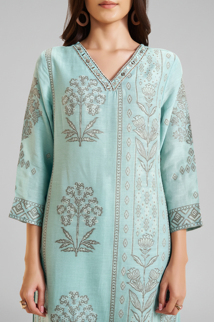Powder Aqua Botanica Linen Jacquard Kurta set