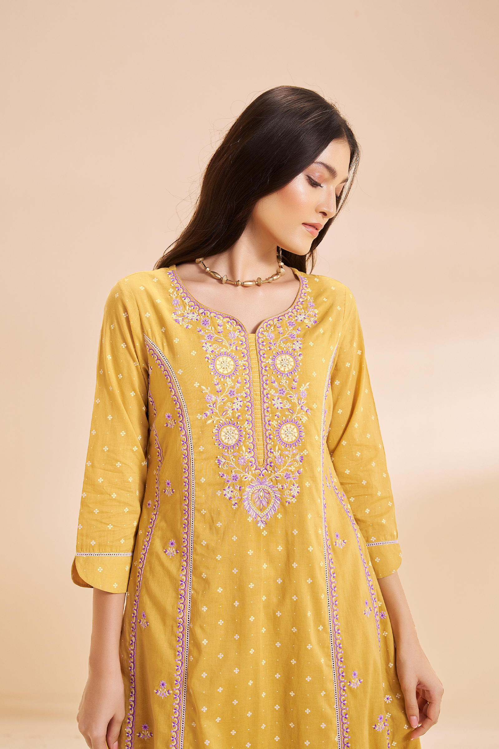 Golden Mimosa Table Print Embroidered Kurta Set