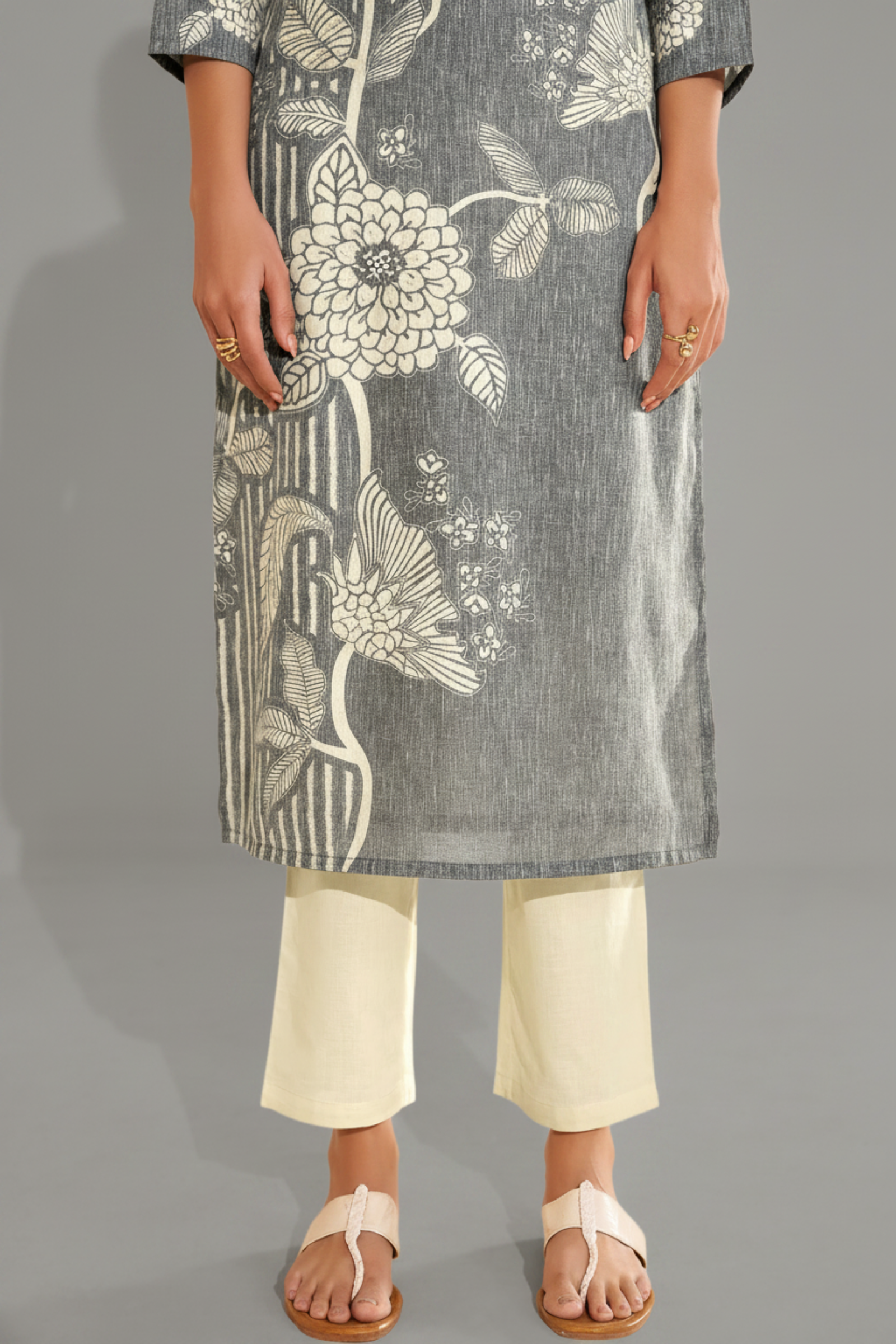 Ash Grey Cotton Linen Digital Printed Kurta Set