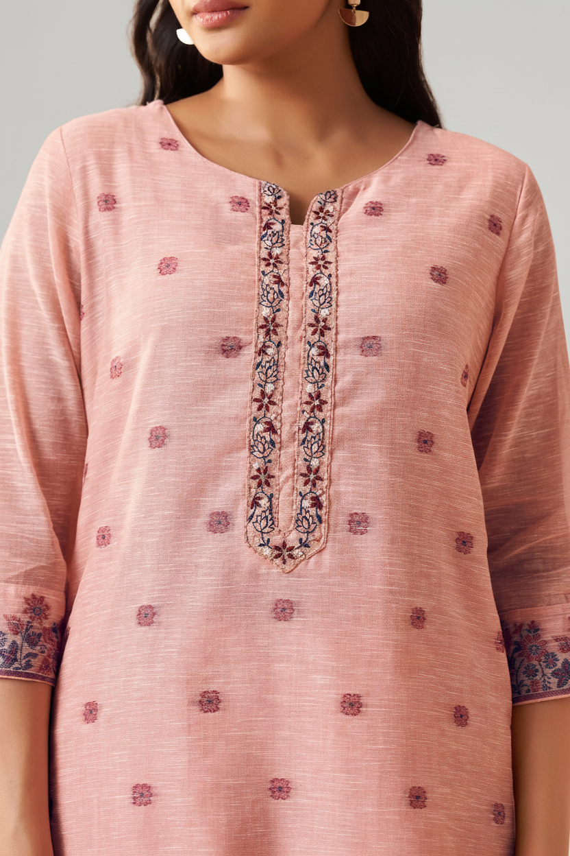 Truffle Pink Linen Chanderi Jacquard Kurta Set