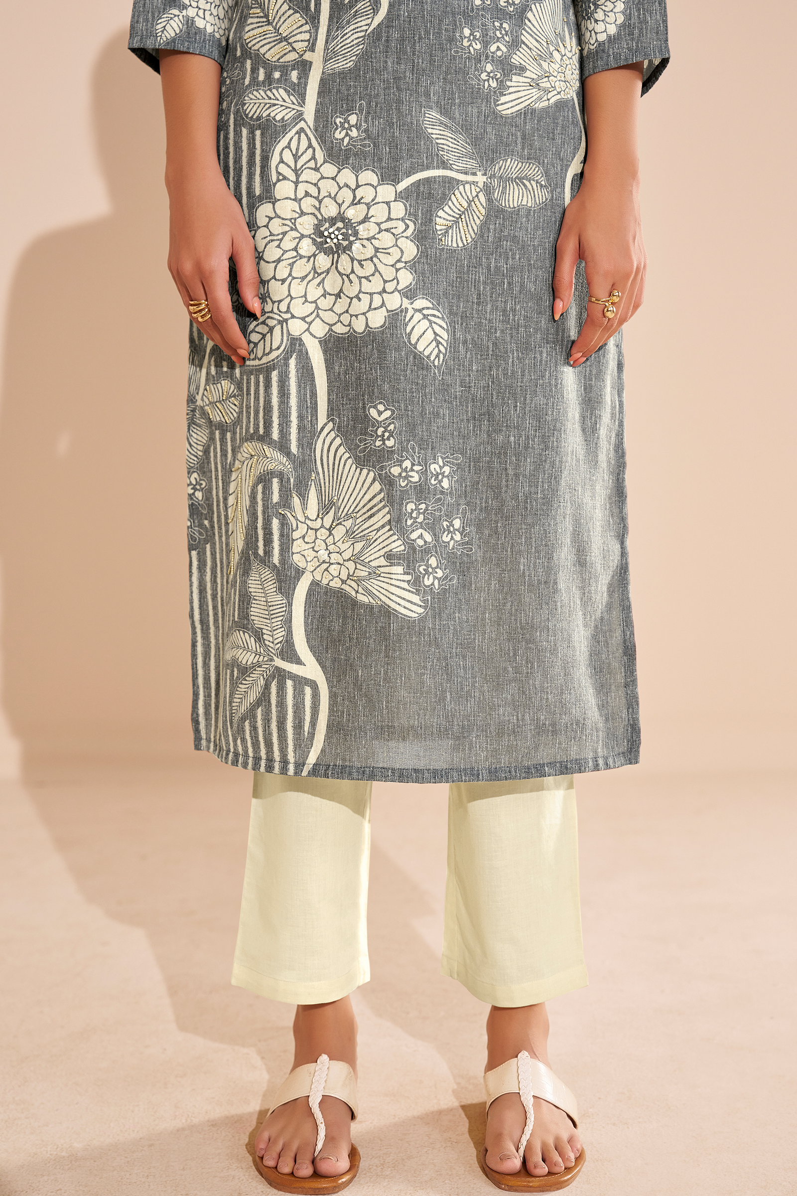 Ash Grey Cotton Linen Digital Printed Kurta Set