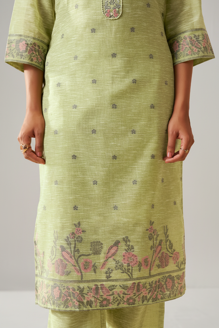 Sage Garden Linen Chanderi Jacquard Kurta Set