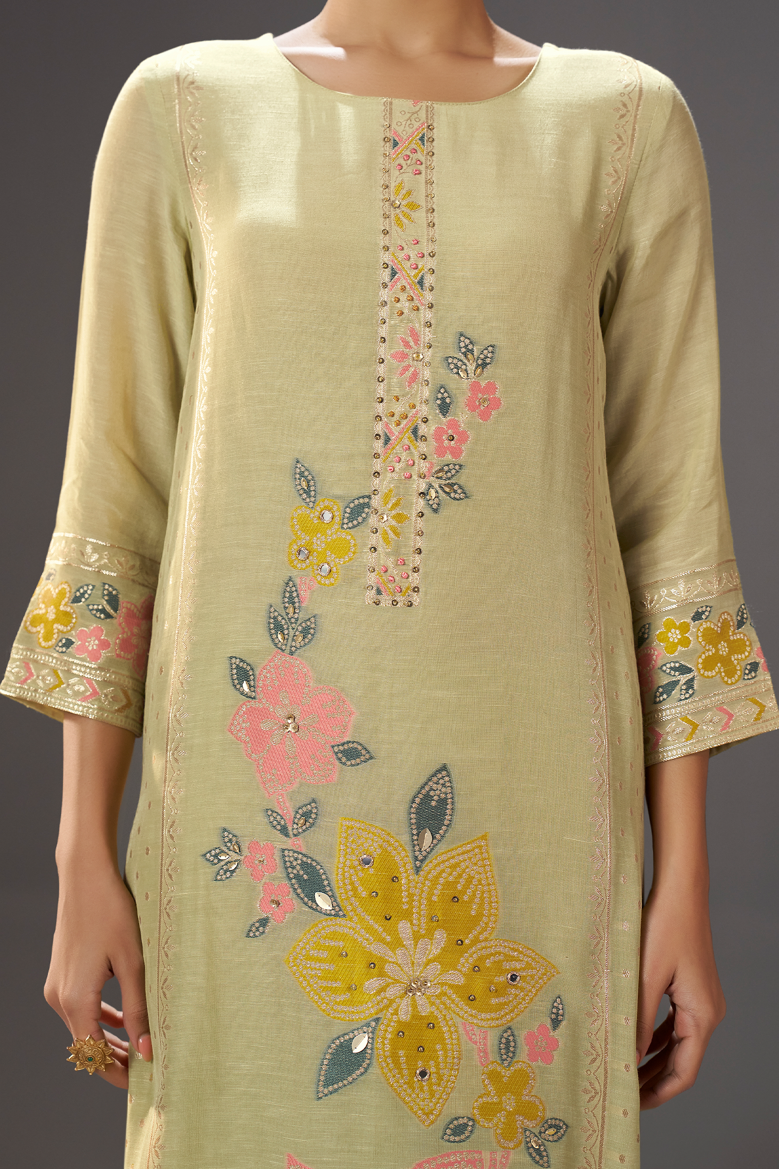 Sage Floral Reverie Viscose Linen Jacquard Multi Meena Kurta Set