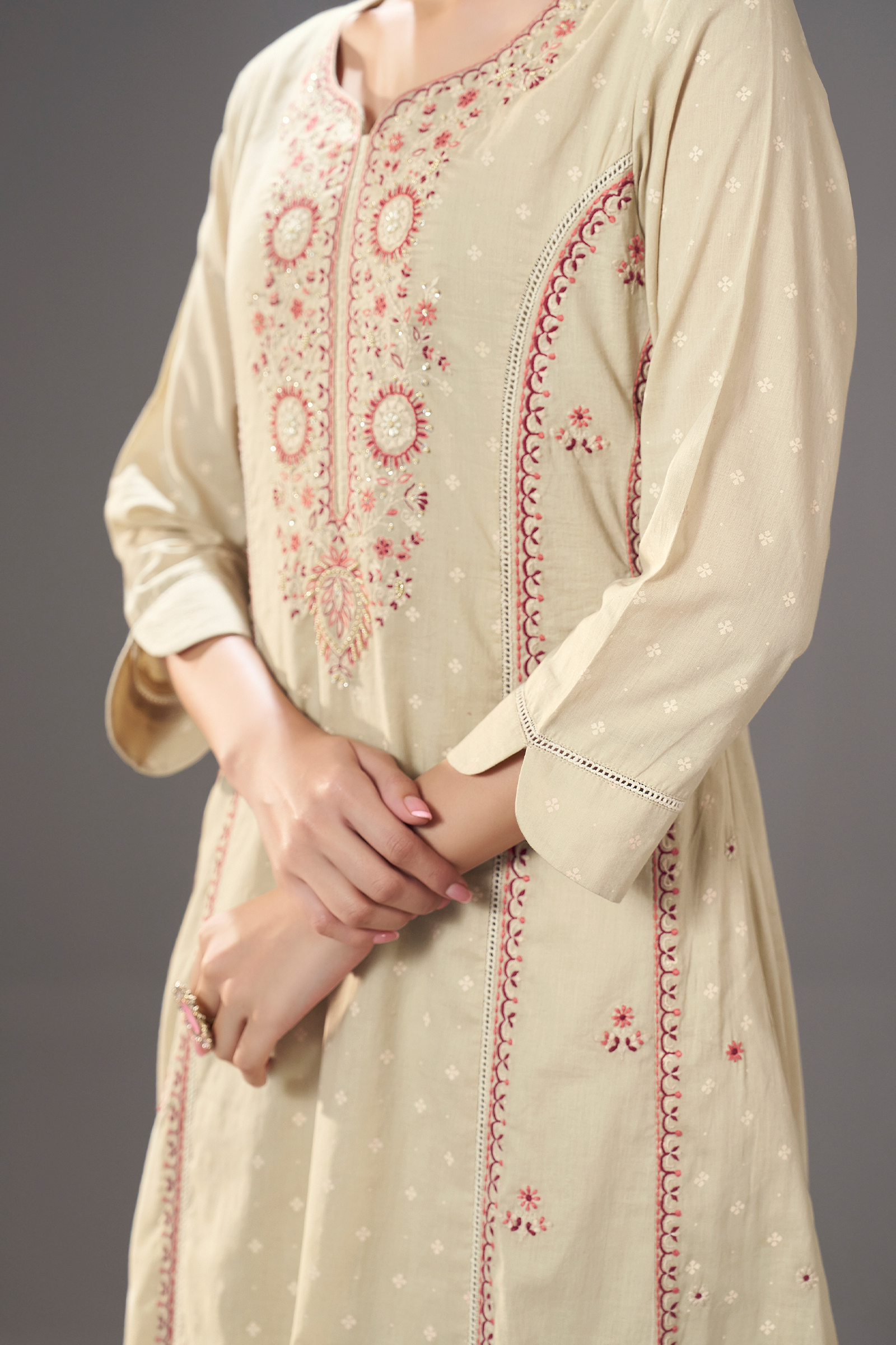 Cream Taupe Table Print Embroidered Kurta Set