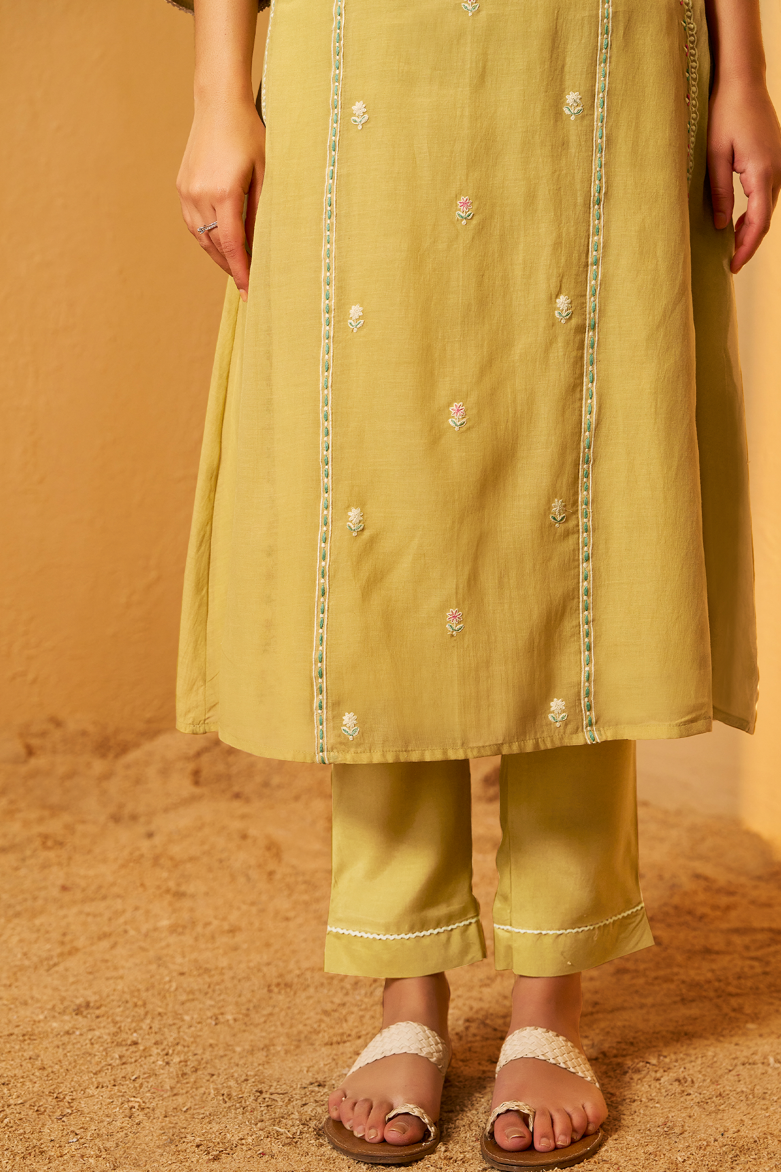 Sunlit Ochre Mul Chanderi A-Line Embroidery Kurta Set