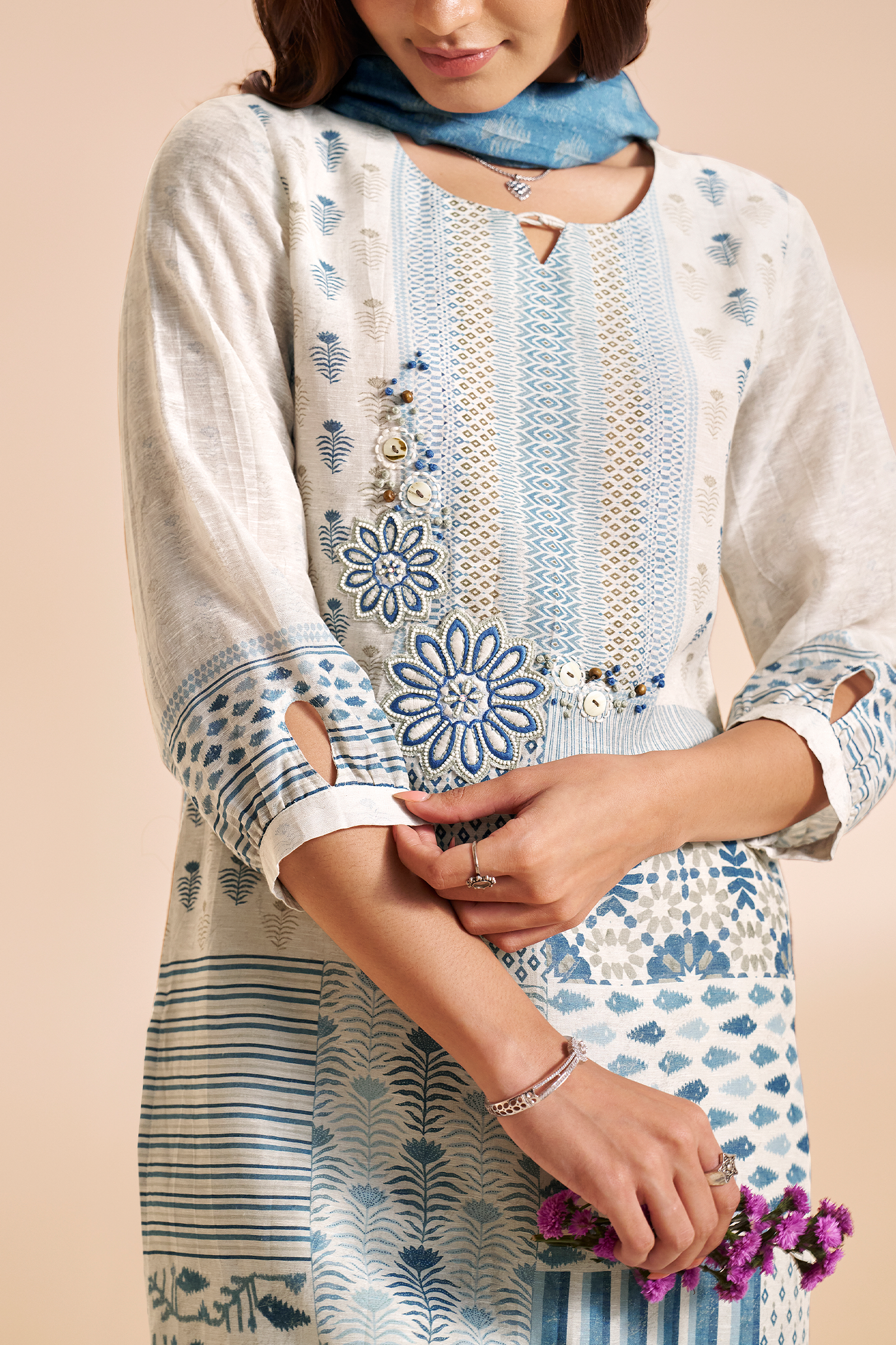 Moonstone white aqua Mosaic Pure Chanderi Digital Printed Kurta Set