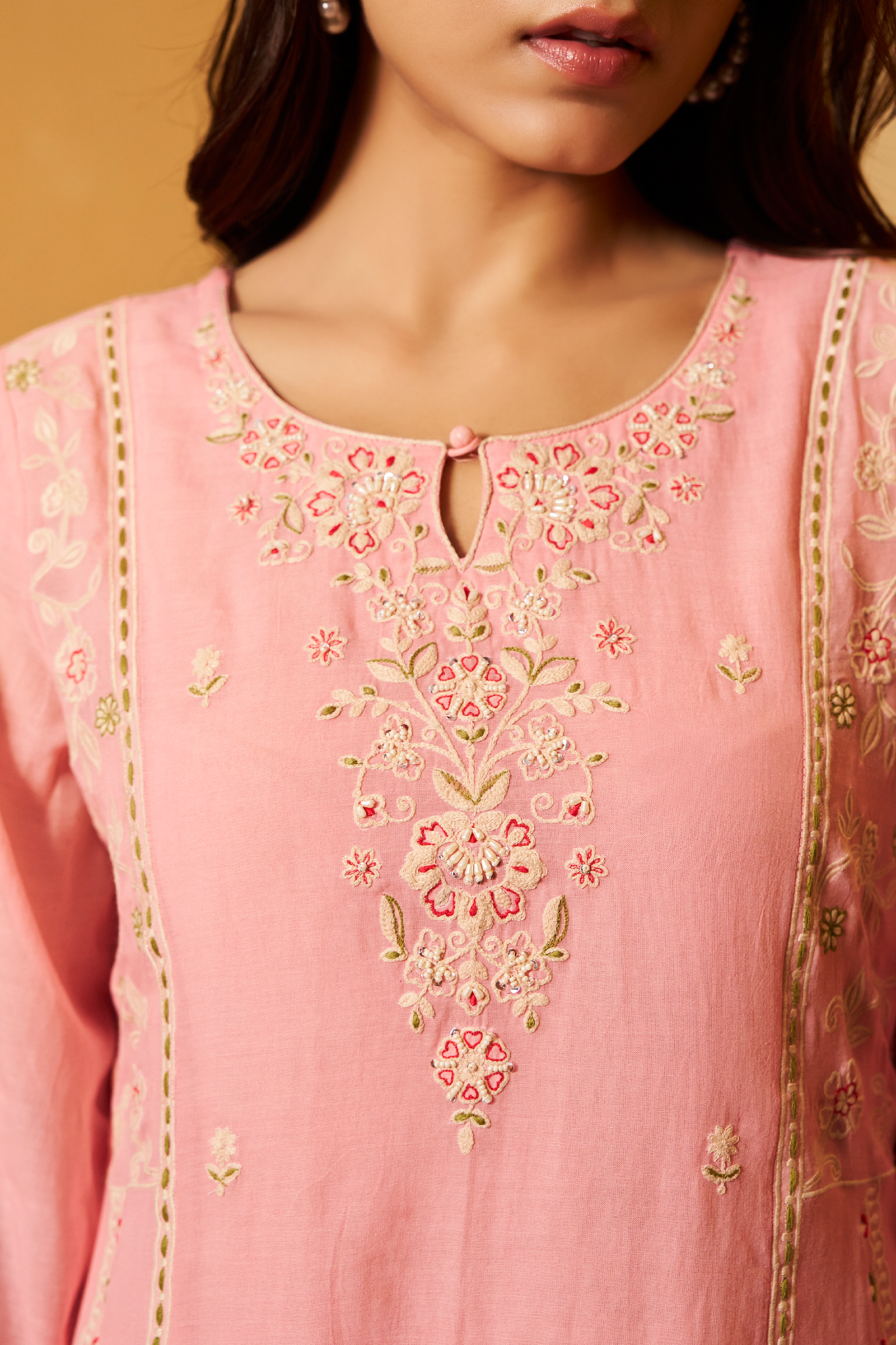 Ballet Rose Mul Chanderi A-Line Embroidery Kurta Set