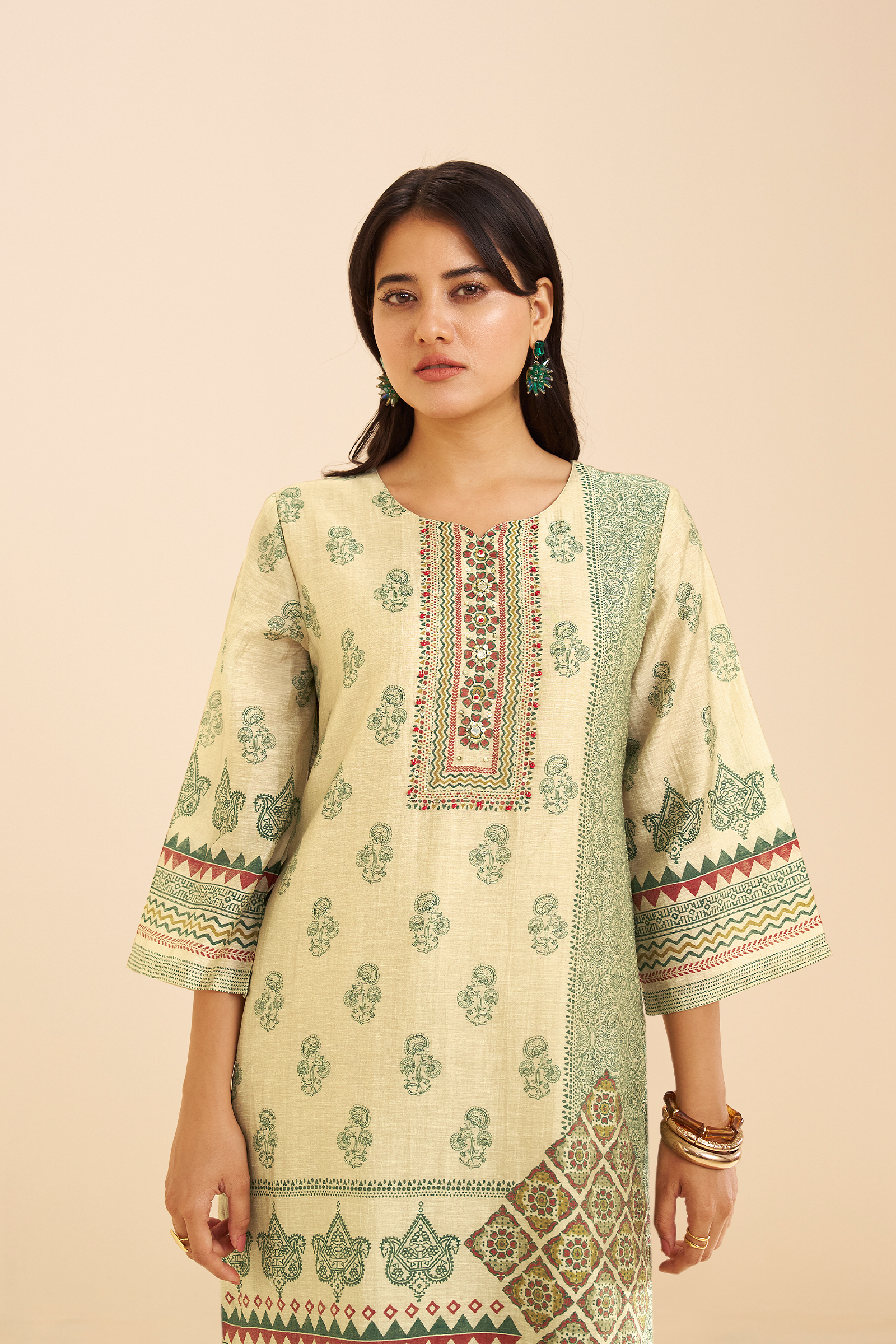 Pistachio Sage Shimmer linen Digital printed Kurta Set