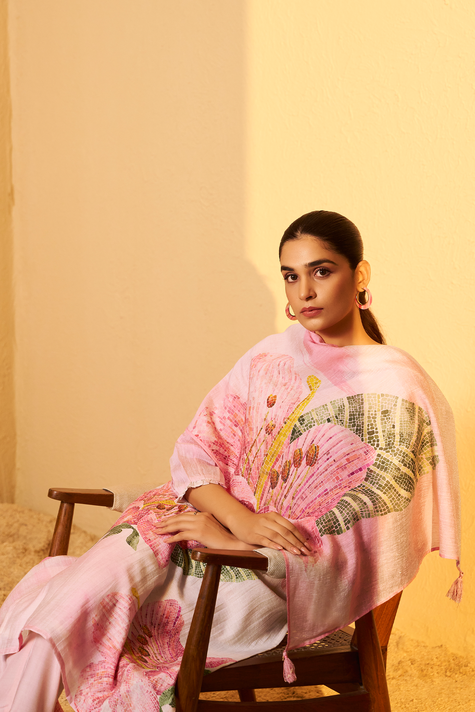 Soft Lotus Pink Shimmer Linen Digital Print Kurta Set