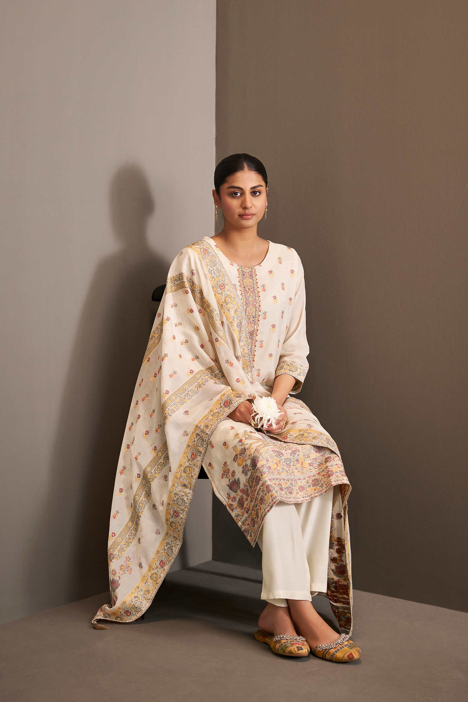 Cream Gold Chanderi Multi-Meena Jacquard Kurta Set