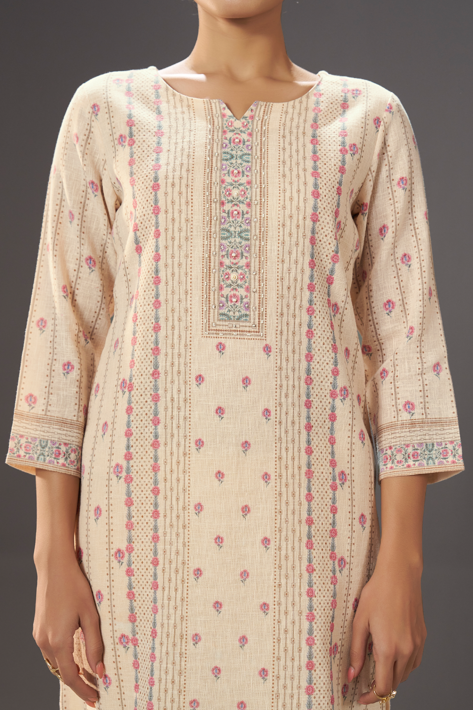 Ivory Petal Vine Linen Cotton Digital Printed Kurta Set