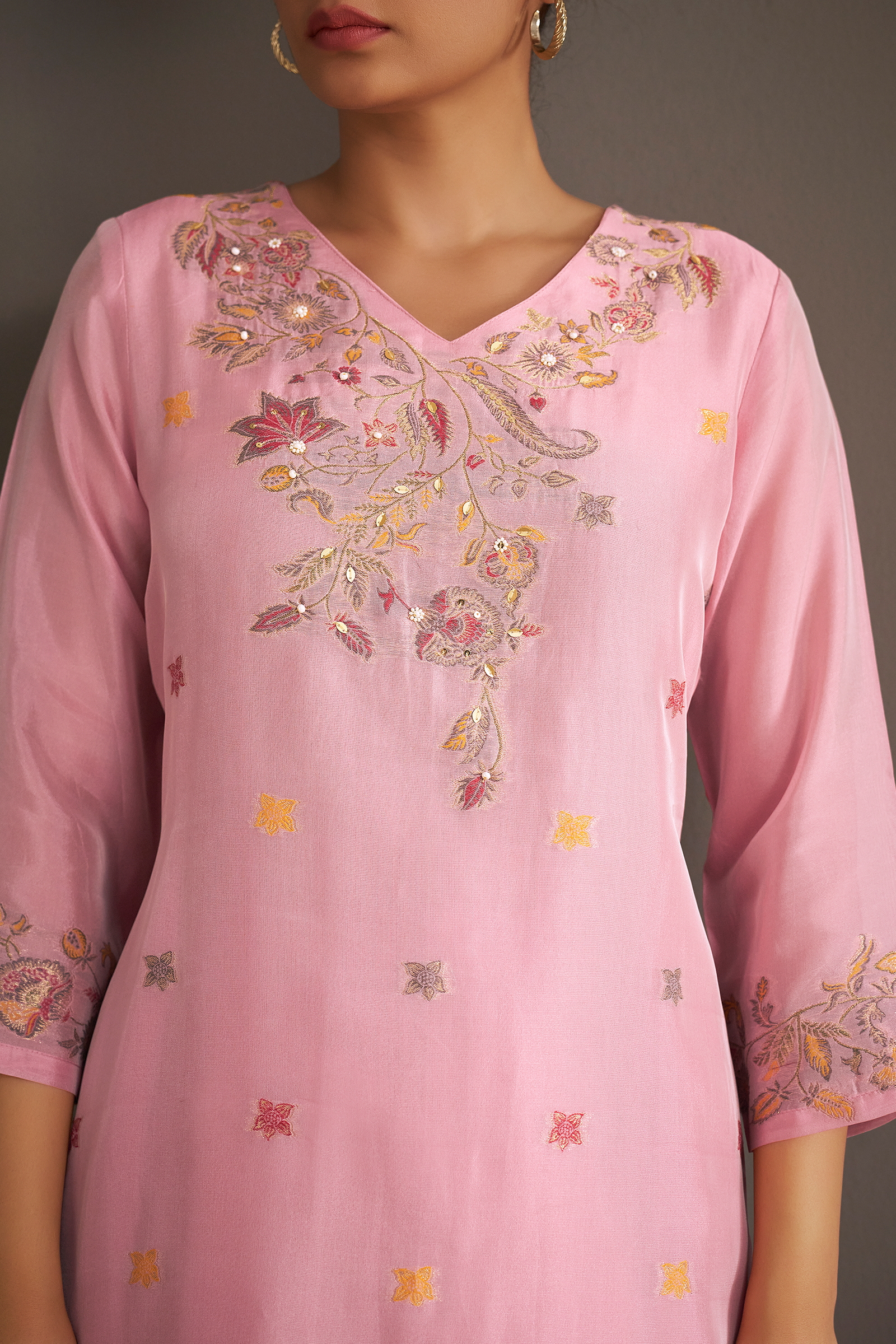 Soft Peony Chanderi Multi-Meena Work Jacquard Kurta Set