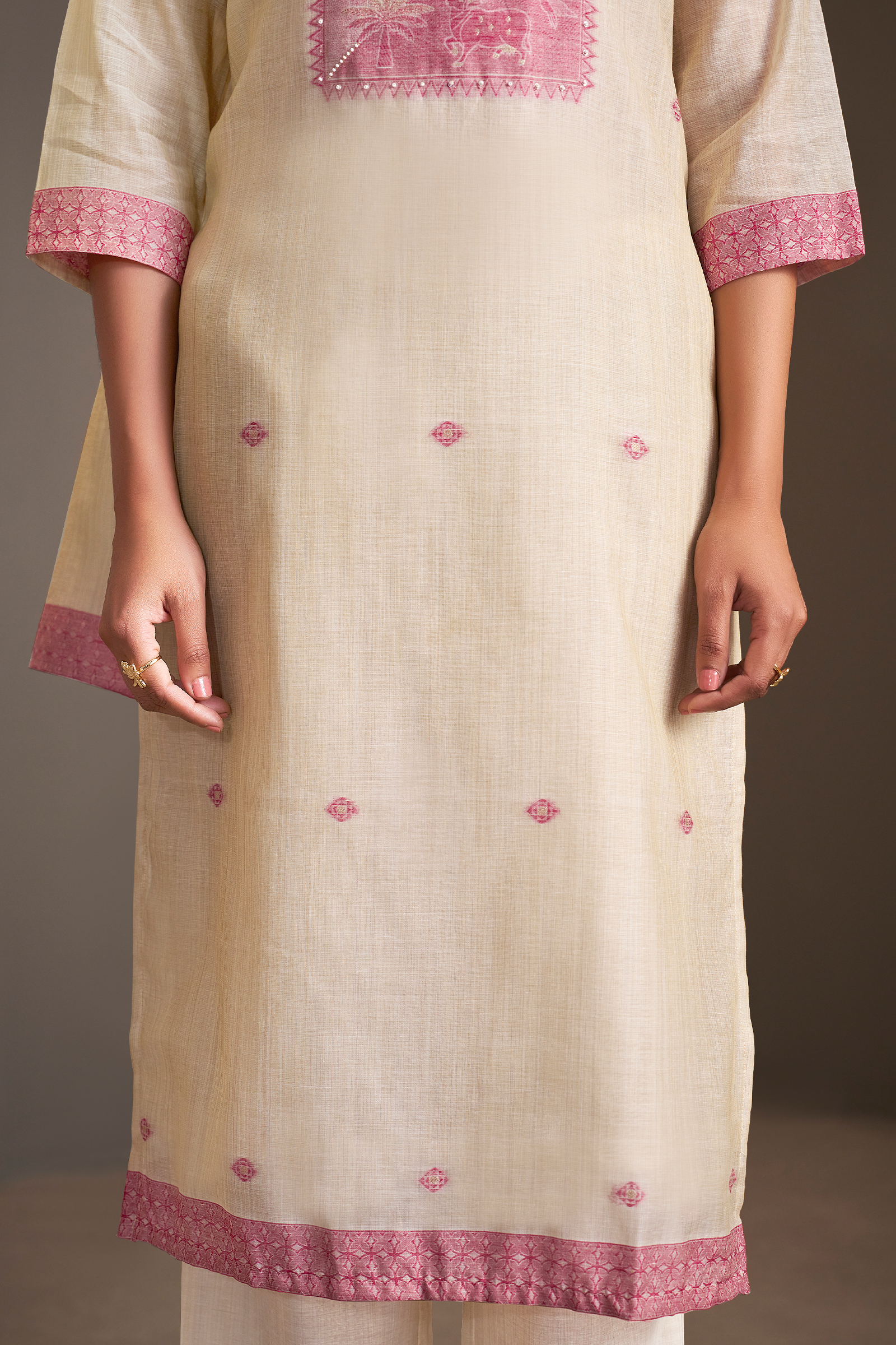 Rosewood Ivory Linen Chanderi Jacquard Kurta Set