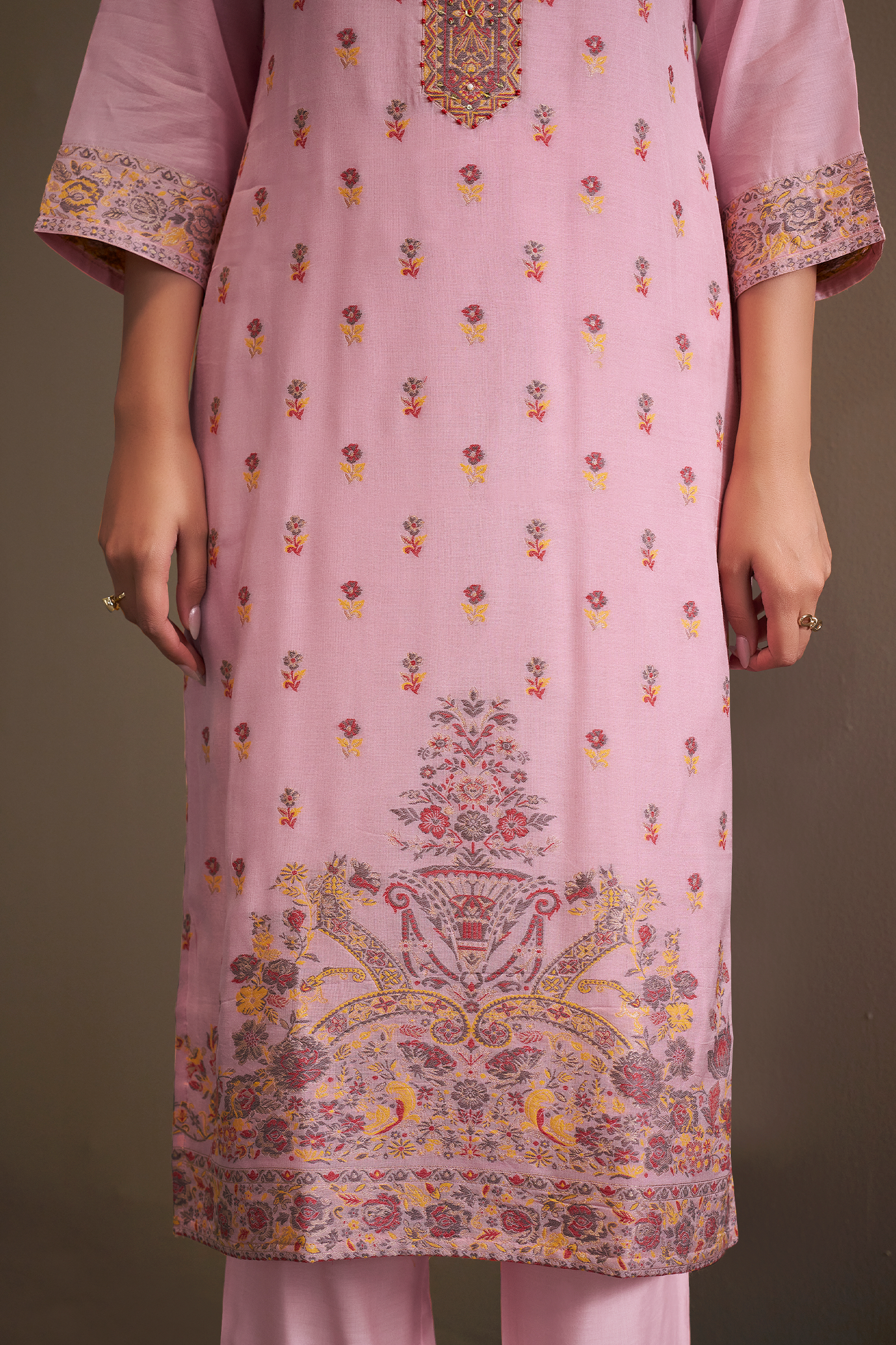 Rose Quartz Pink Chanderi Multi-Meena Work Jacquard Kurta Set