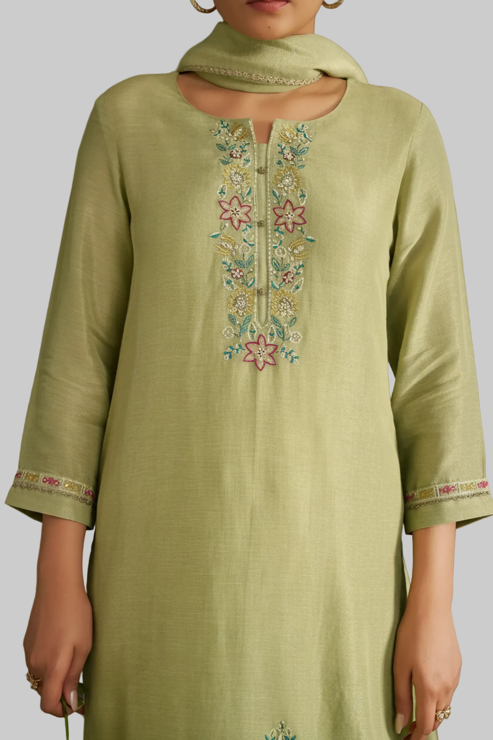 Soft Olive Shimmer Linen Embroidered Kurta Set