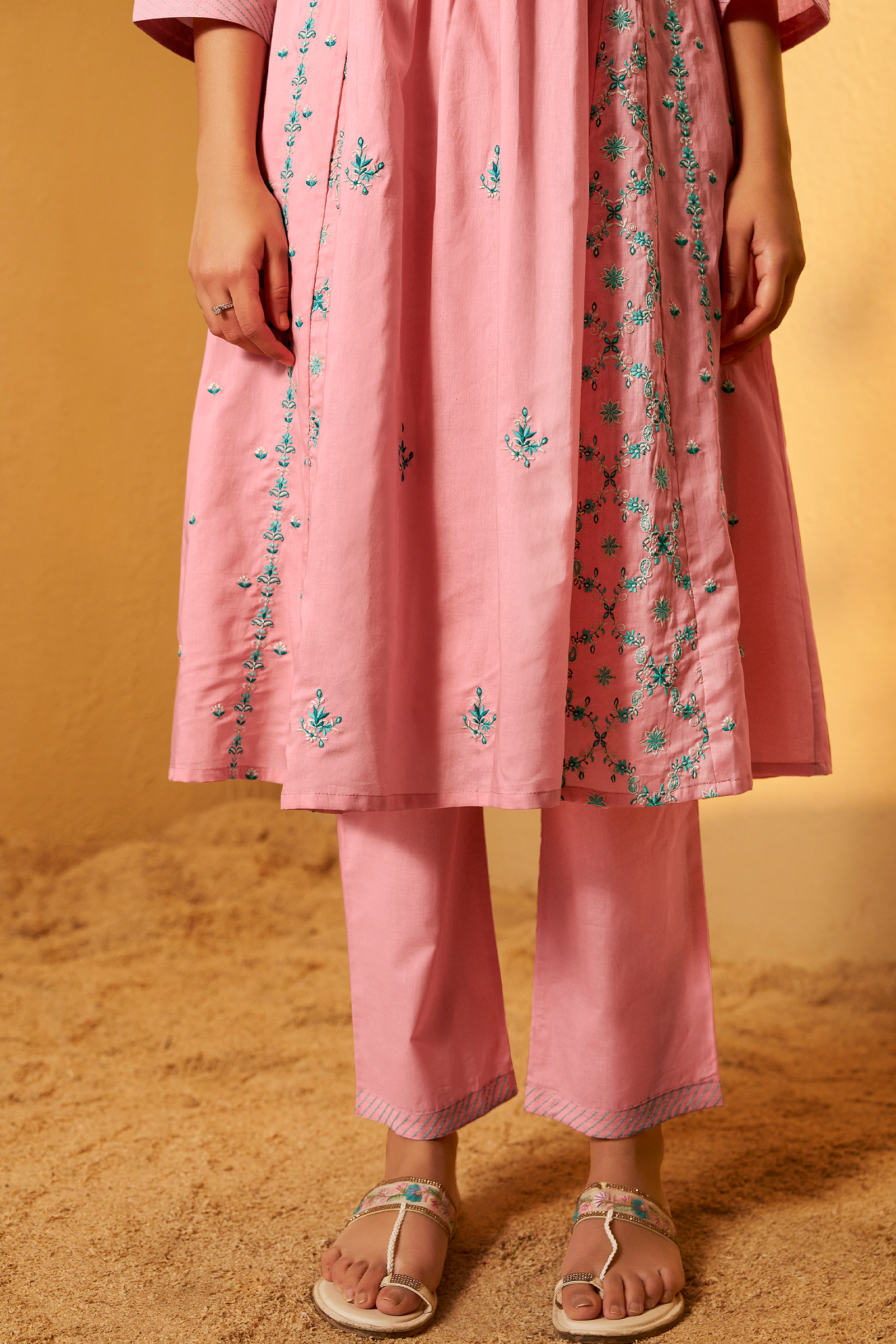 Gulabi Mist A-Line Cotton Embroidery Kurta Set