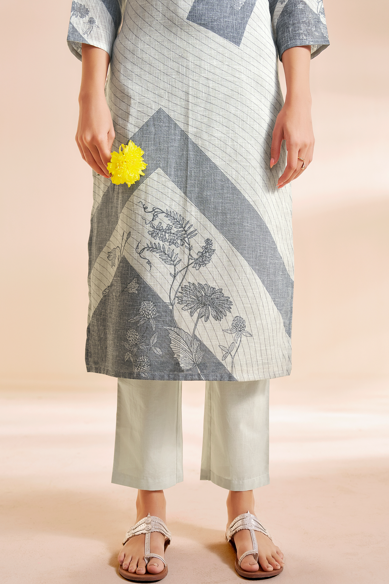Silver Ash Linen Cotton Digital Printed Kurta Set