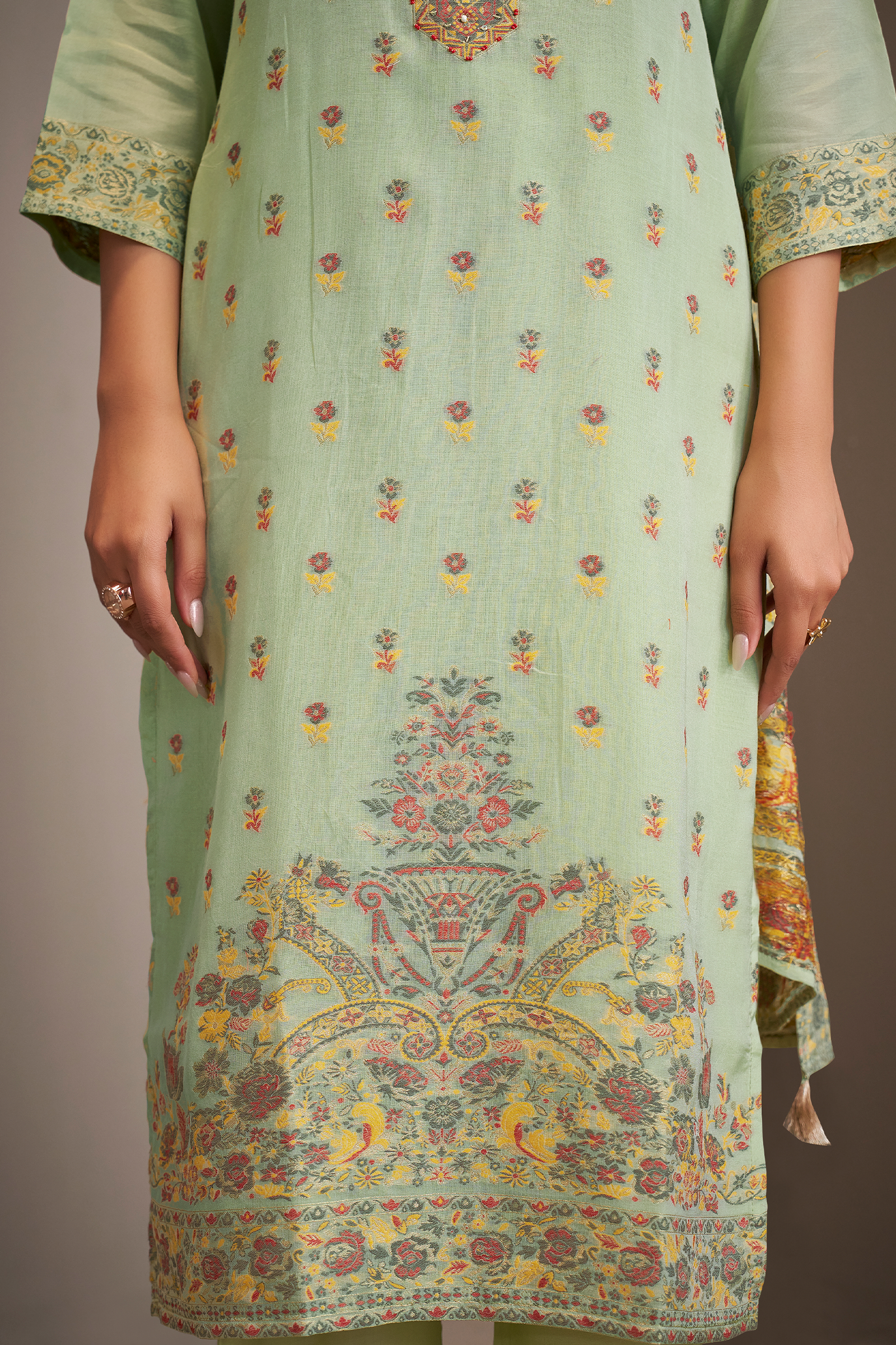 Soft Celadon Chanderi Multi-Meena Work Jacquard Kurta Set