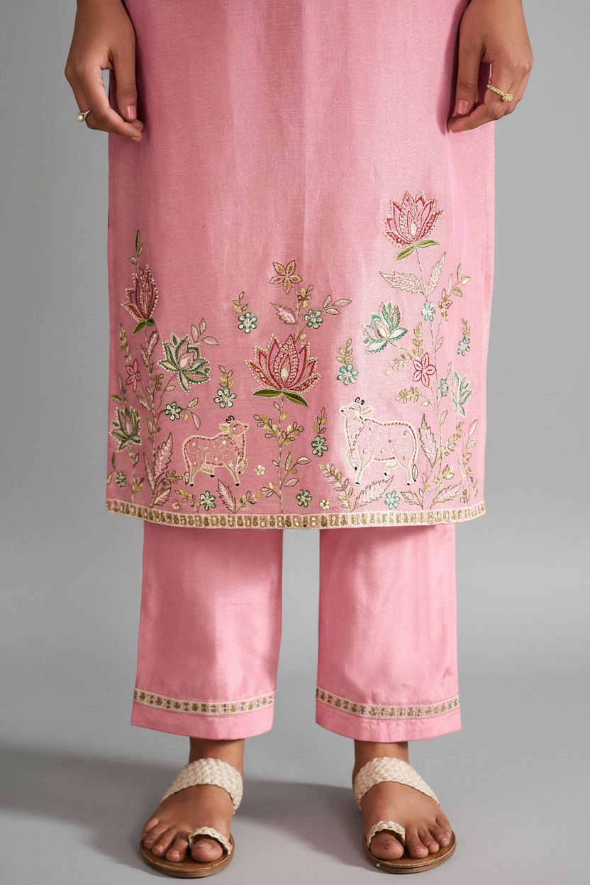 Powder Rosé Shimmer Linen Embroidered Kurta Set