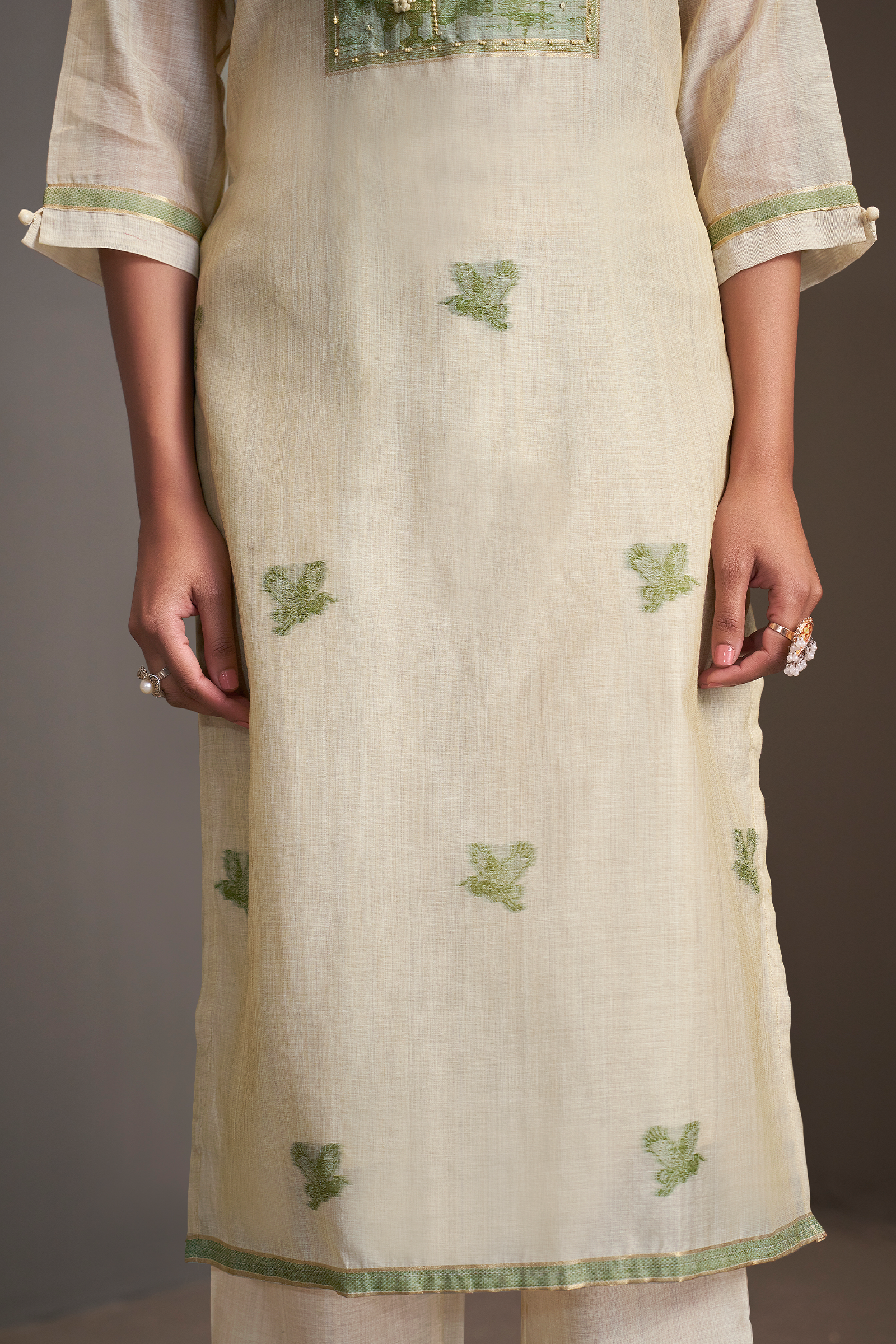 Sagewood Ivory Linen Chanderi Jacquard Kurta Set