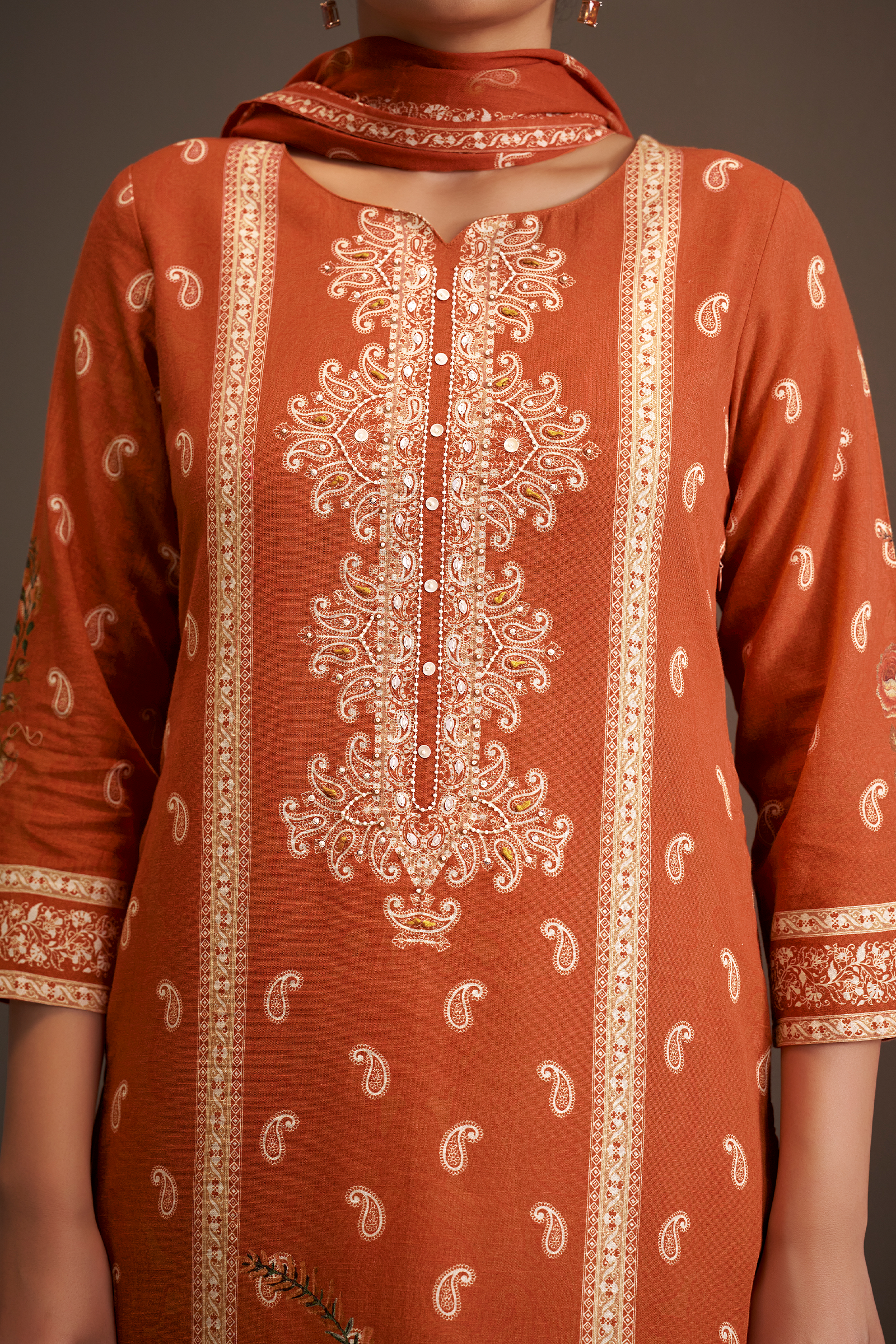 Rust Amber Cotton Linen Digital Printed Kurta Set