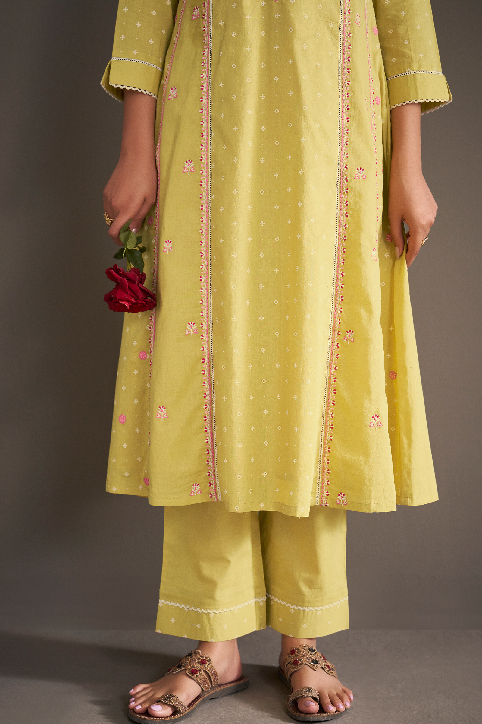 Lime Sorbet Table Print Embroidered Kurta Set