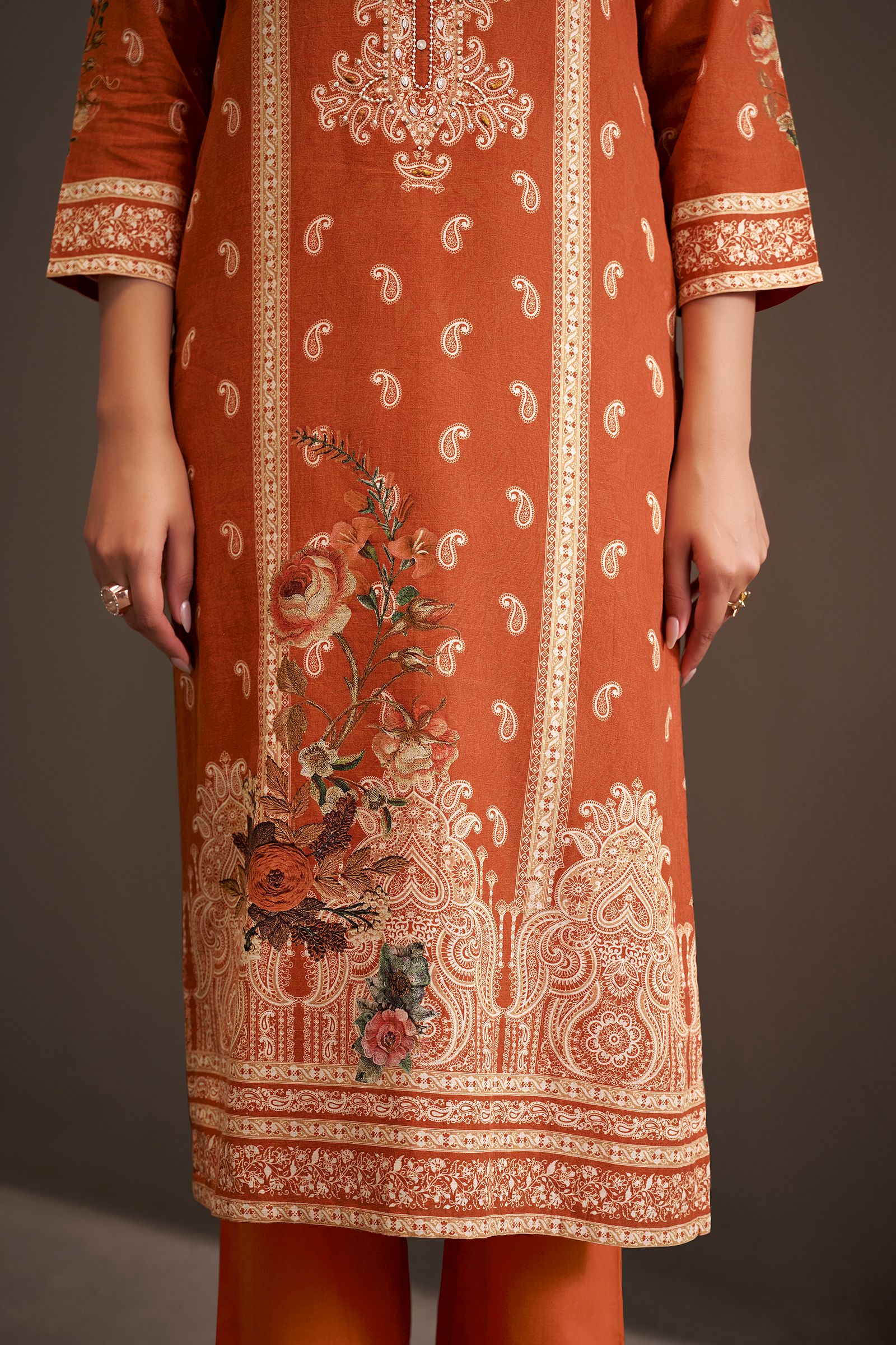 Rust Amber Cotton Linen Digital Printed Kurta Set