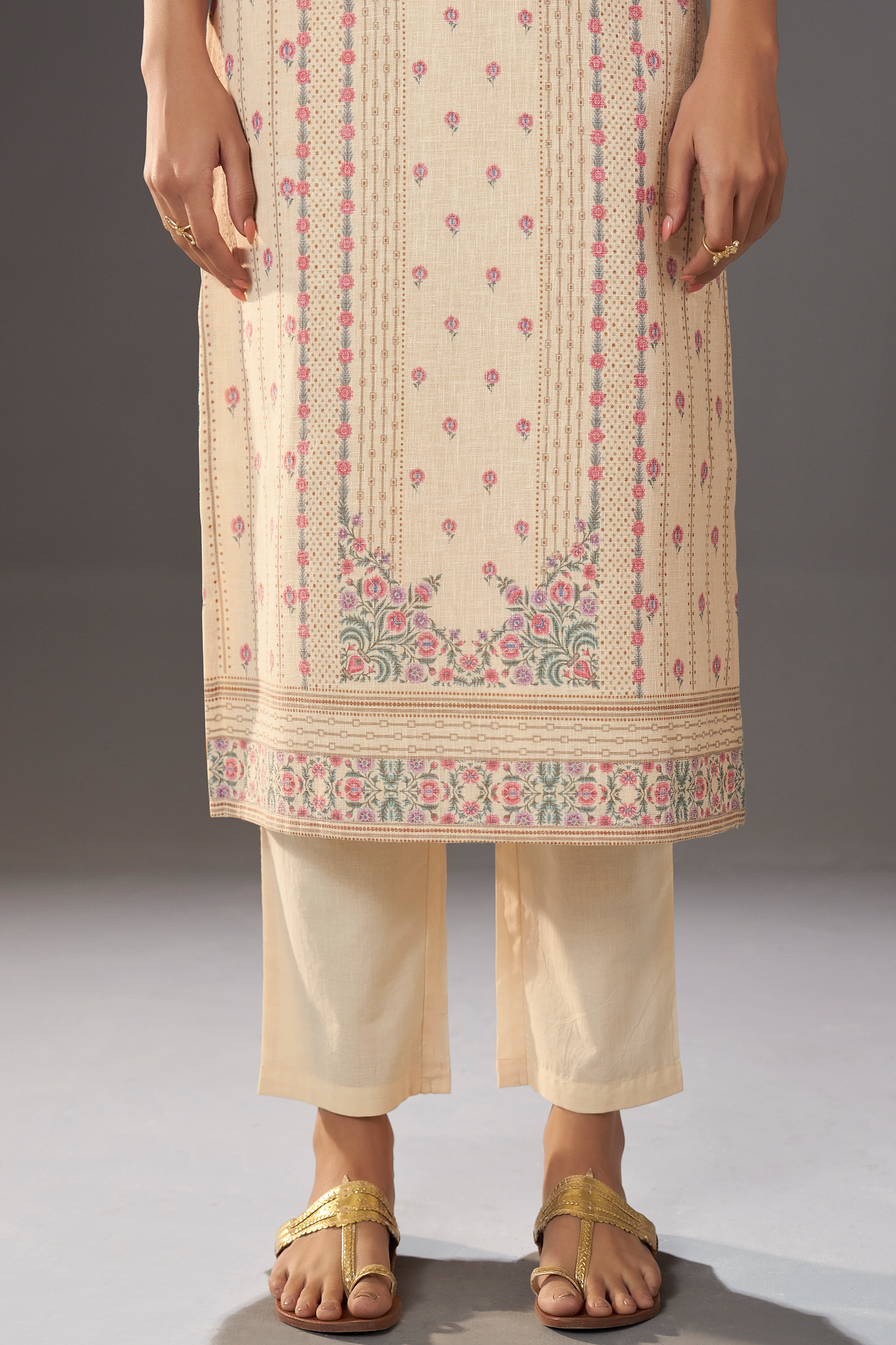 Ivory Petal Vine Linen Cotton Digital Printed Kurta Set