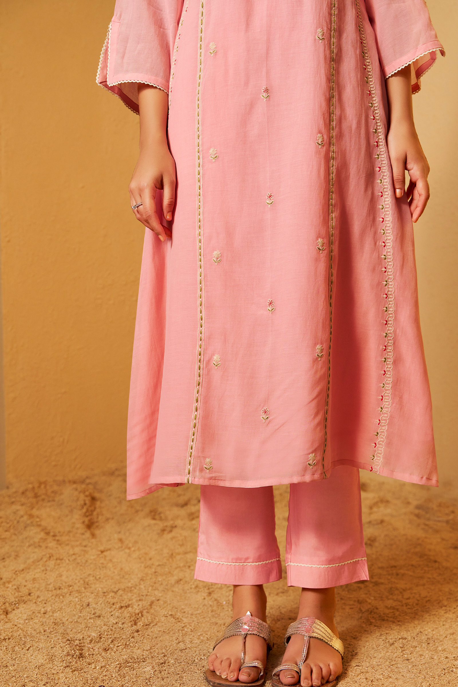 Ballet Rose Mul Chanderi A-Line Embroidery Kurta Set