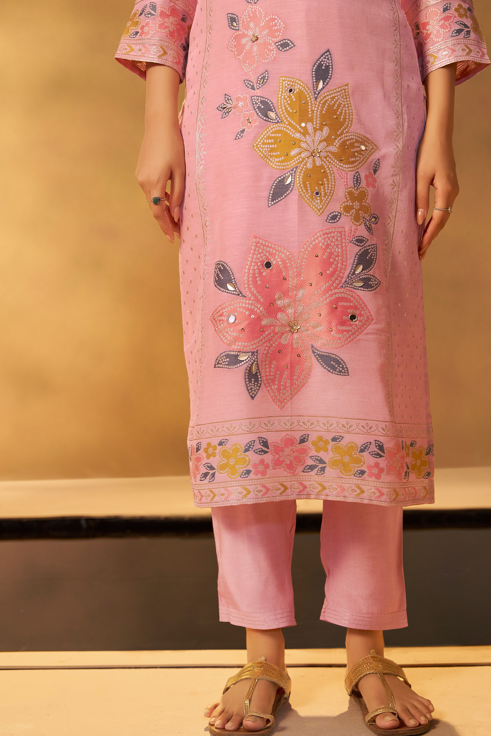 Blush Apricot Linen Jacquard Multi Meena Kurta Set