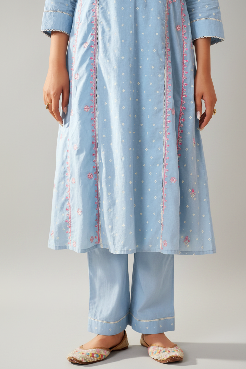 Pastel Sky Table Print Embroidered Kurta Set