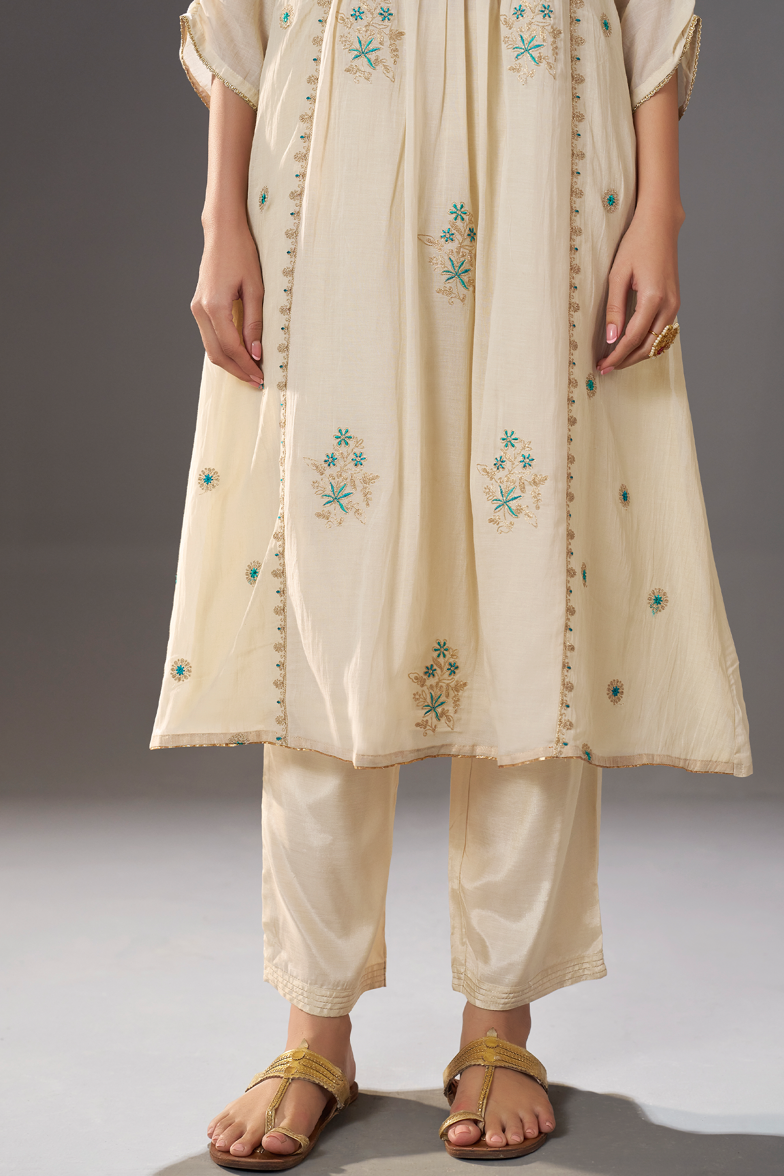 Turquoise Pearl Embroidery Kurta Set with Leheriya Dupatta