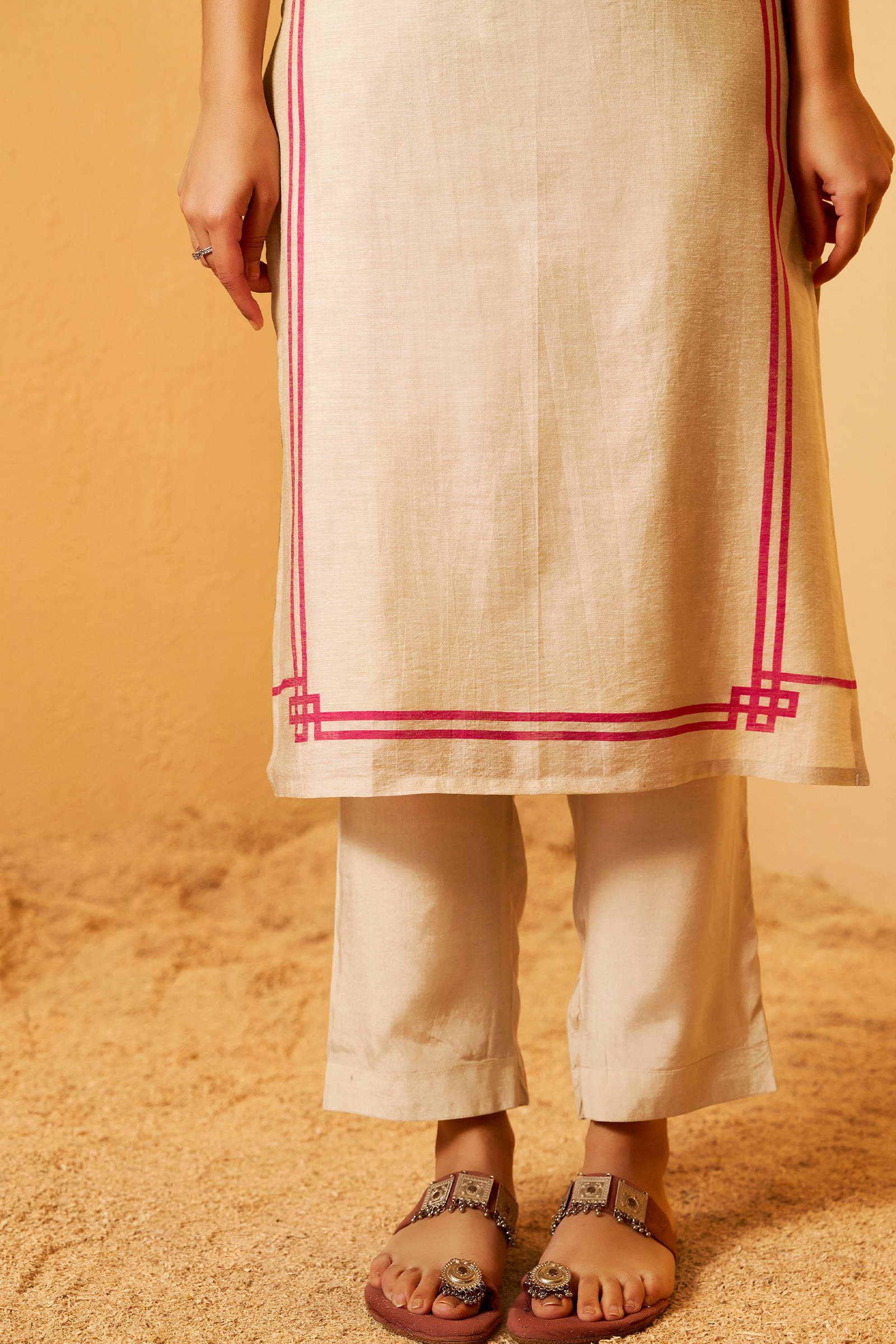 Beige Bloom Shimmer Linen Digital Print Kurta Set