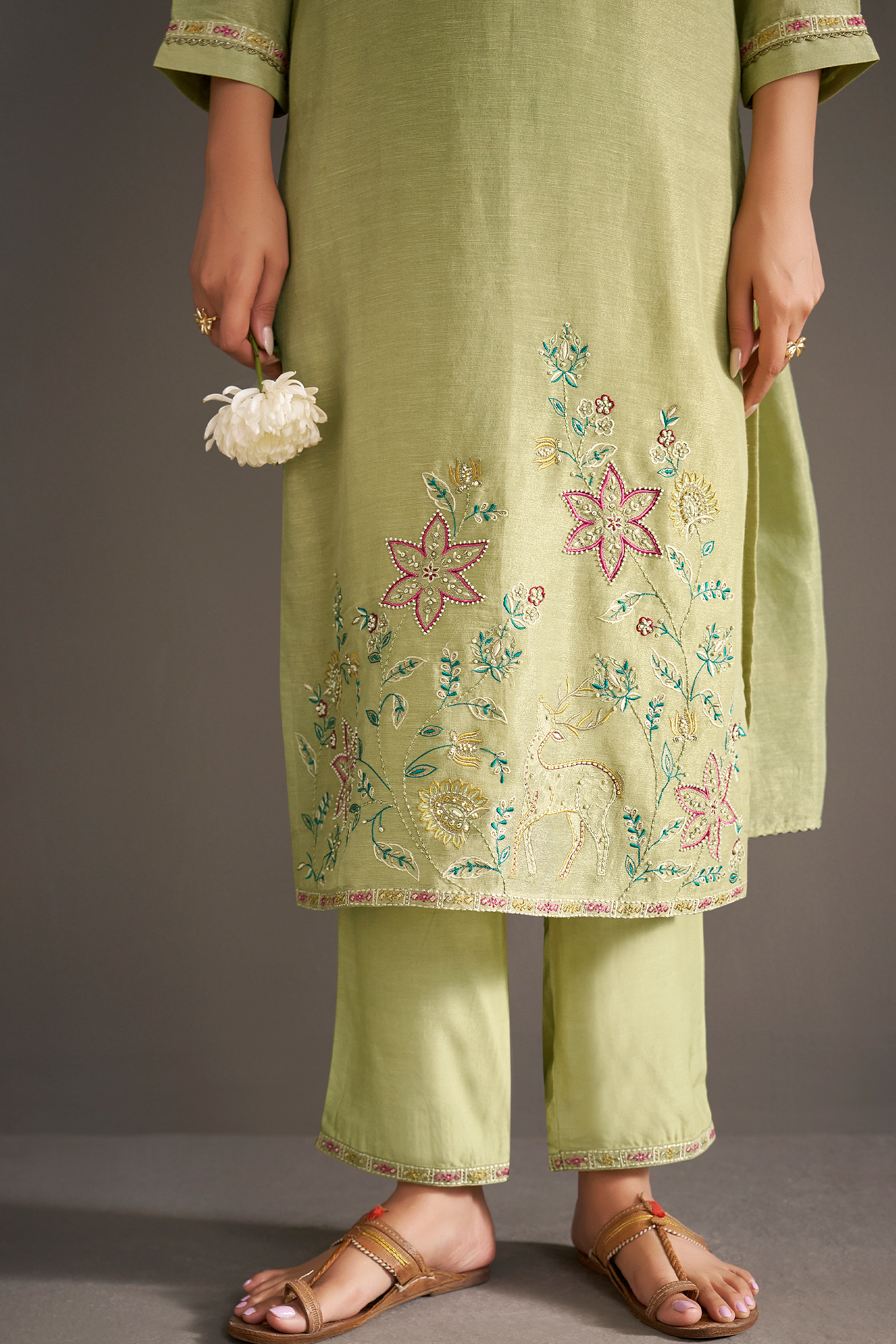 Soft Olive Shimmer Linen Embroidered Kurta Set