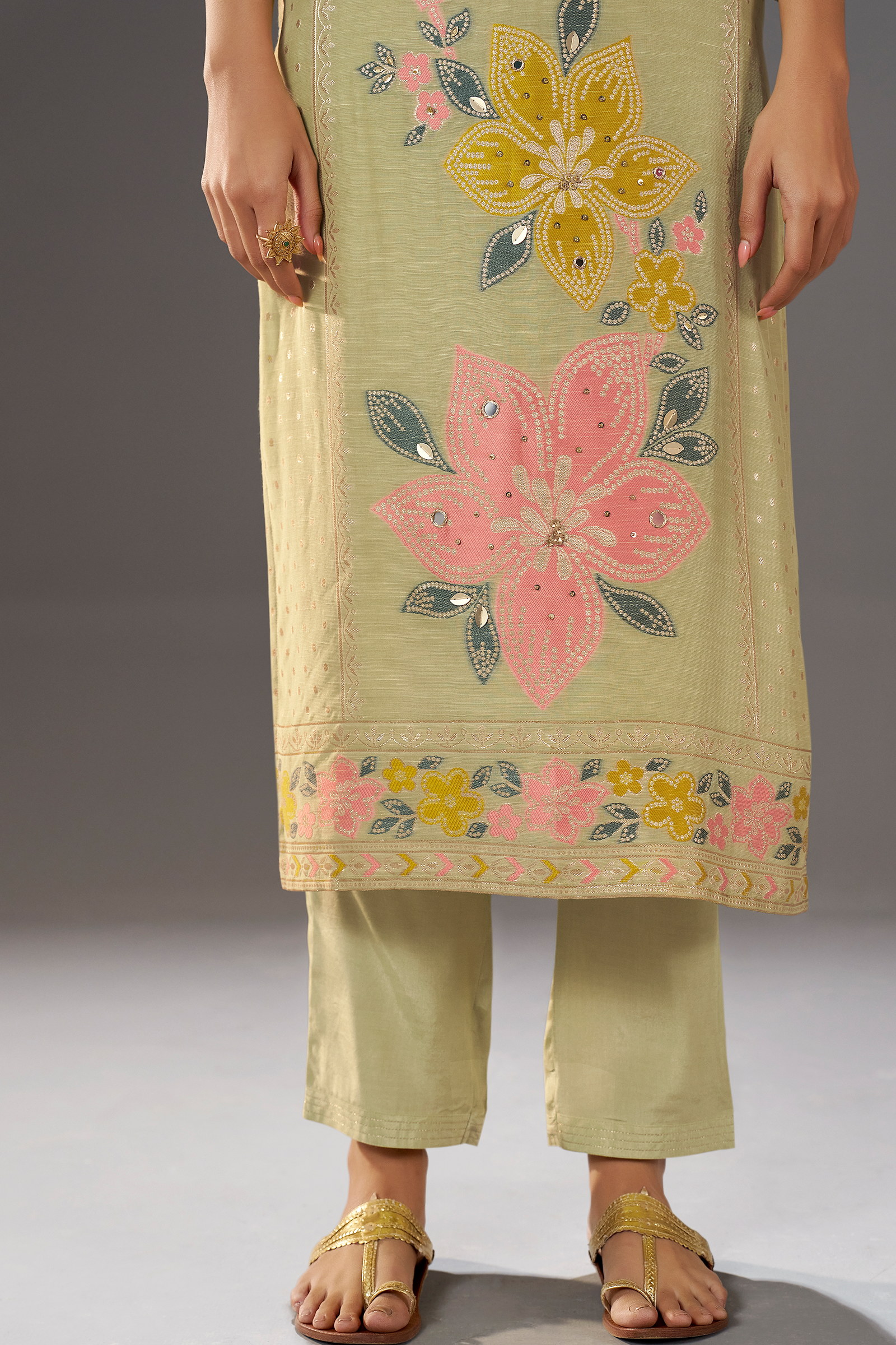 Sage Floral Reverie Viscose Linen Jacquard Multi Meena Kurta Set