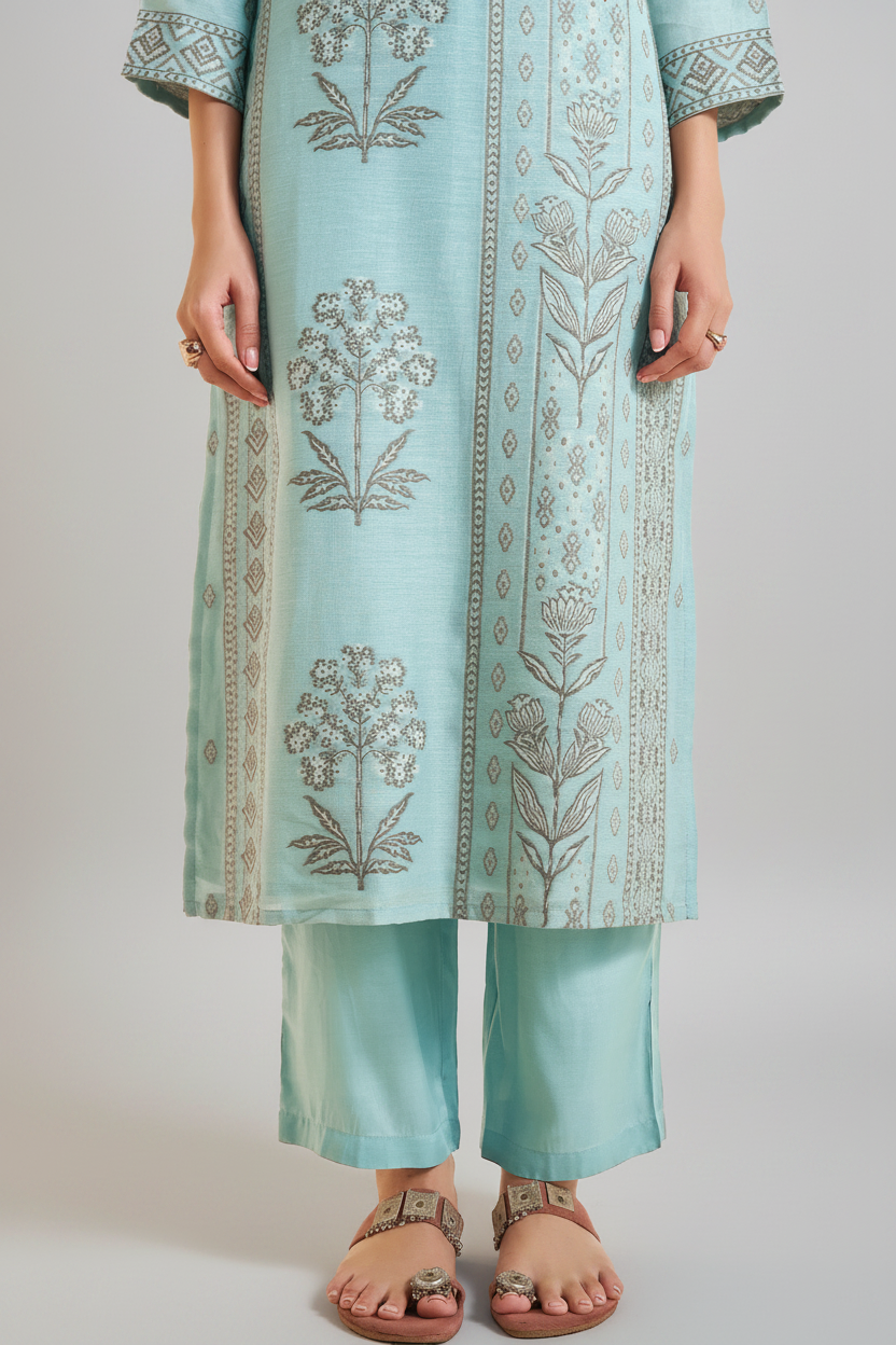 Powder Aqua Botanica Linen Jacquard Kurta set
