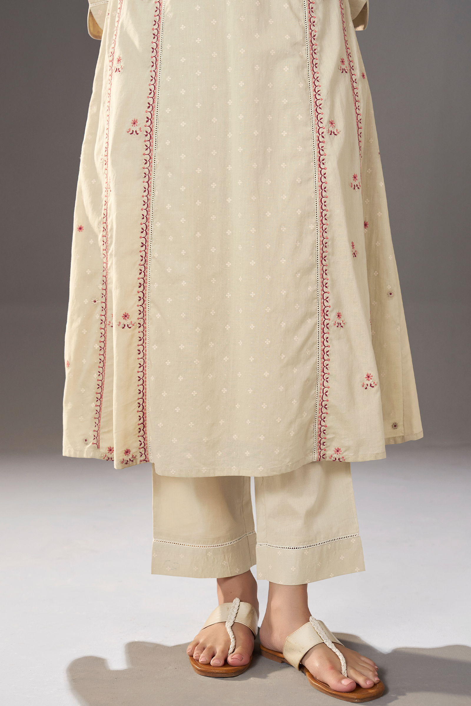 Cream Taupe Table Print Embroidered Kurta Set