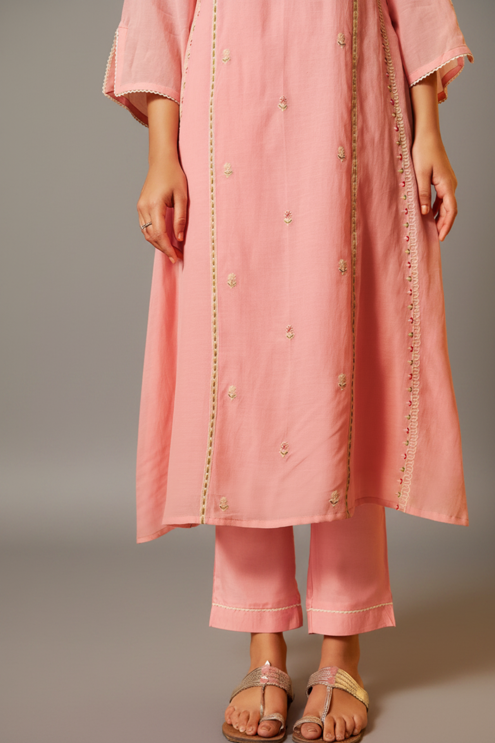 Ballet Rose Mul Chanderi A-Line Embroidery Kurta Set