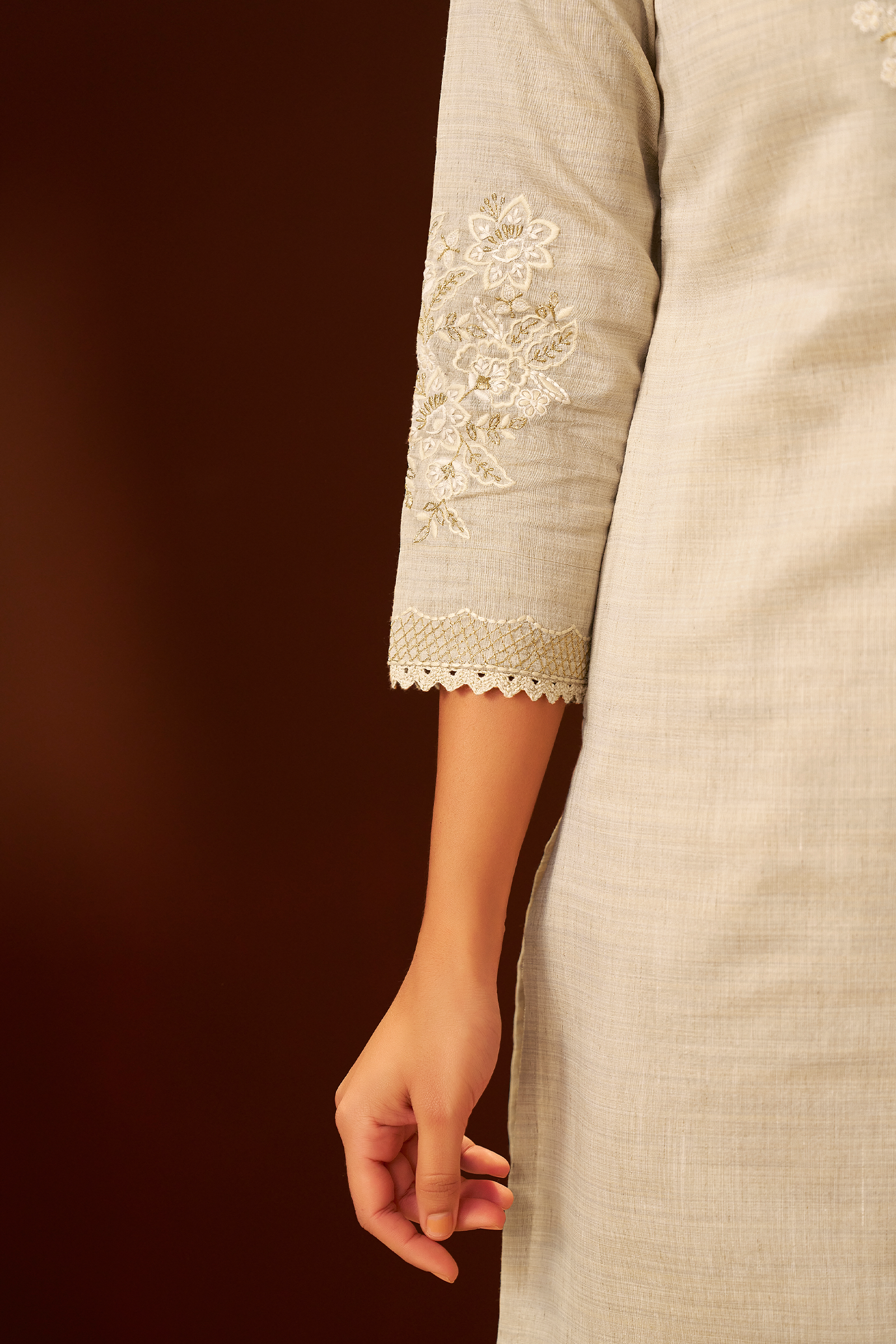 Mushroom Beige Chanderi Embroidery Kurta Set