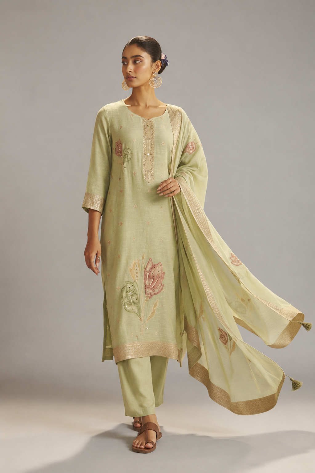 Soft Sage Green Viscose Linen Jacquard Fancy Kurta Set