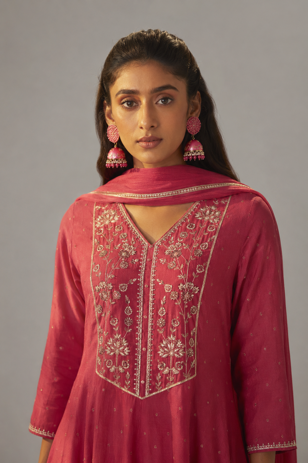 Raspberry Pink Mul Chanderi Embroidery Anarkali Kurta Set