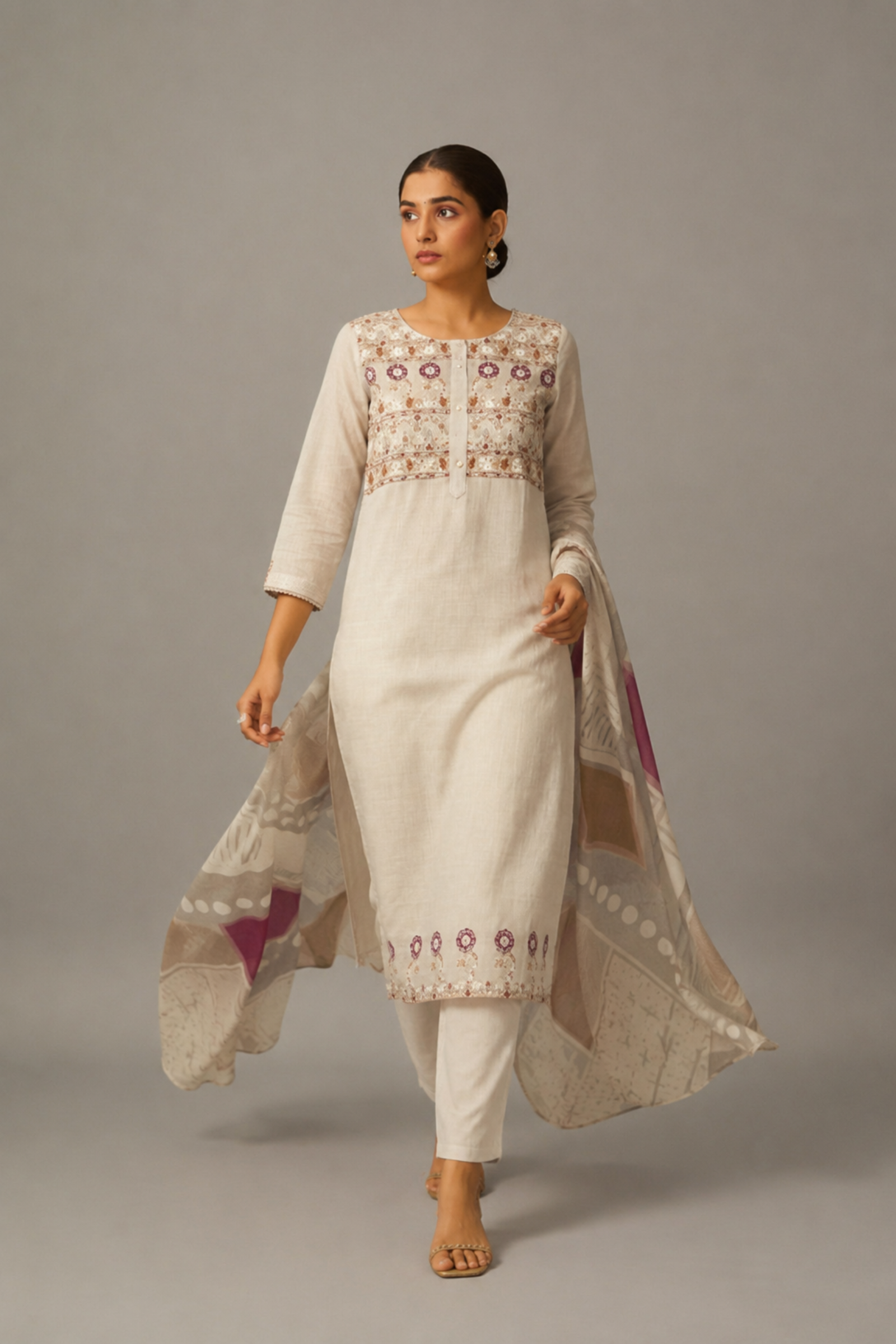 Dove Beige Chanderi Embroidery Kurta Set